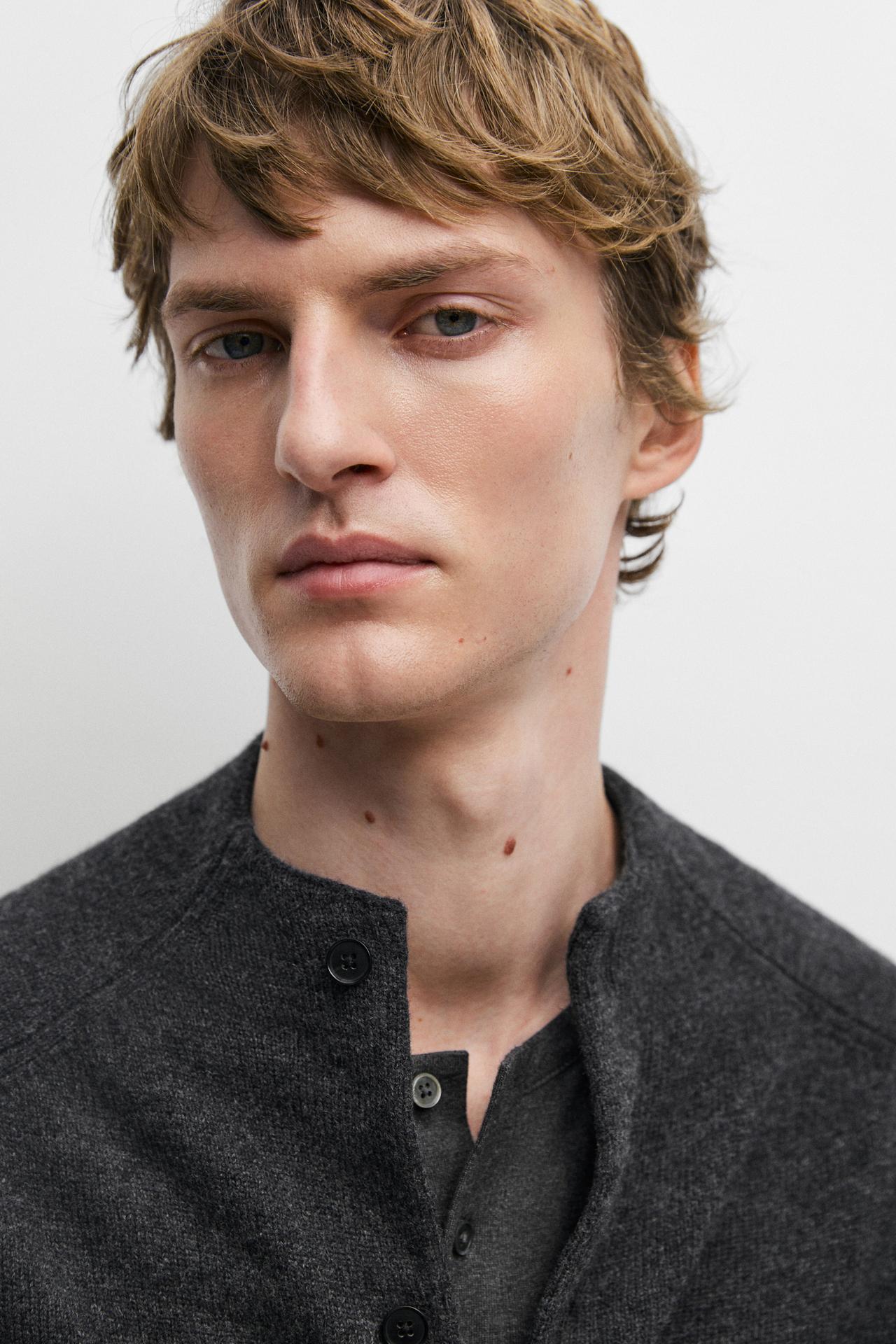 Wool blend mock neck knit cardigan — DARK GREY