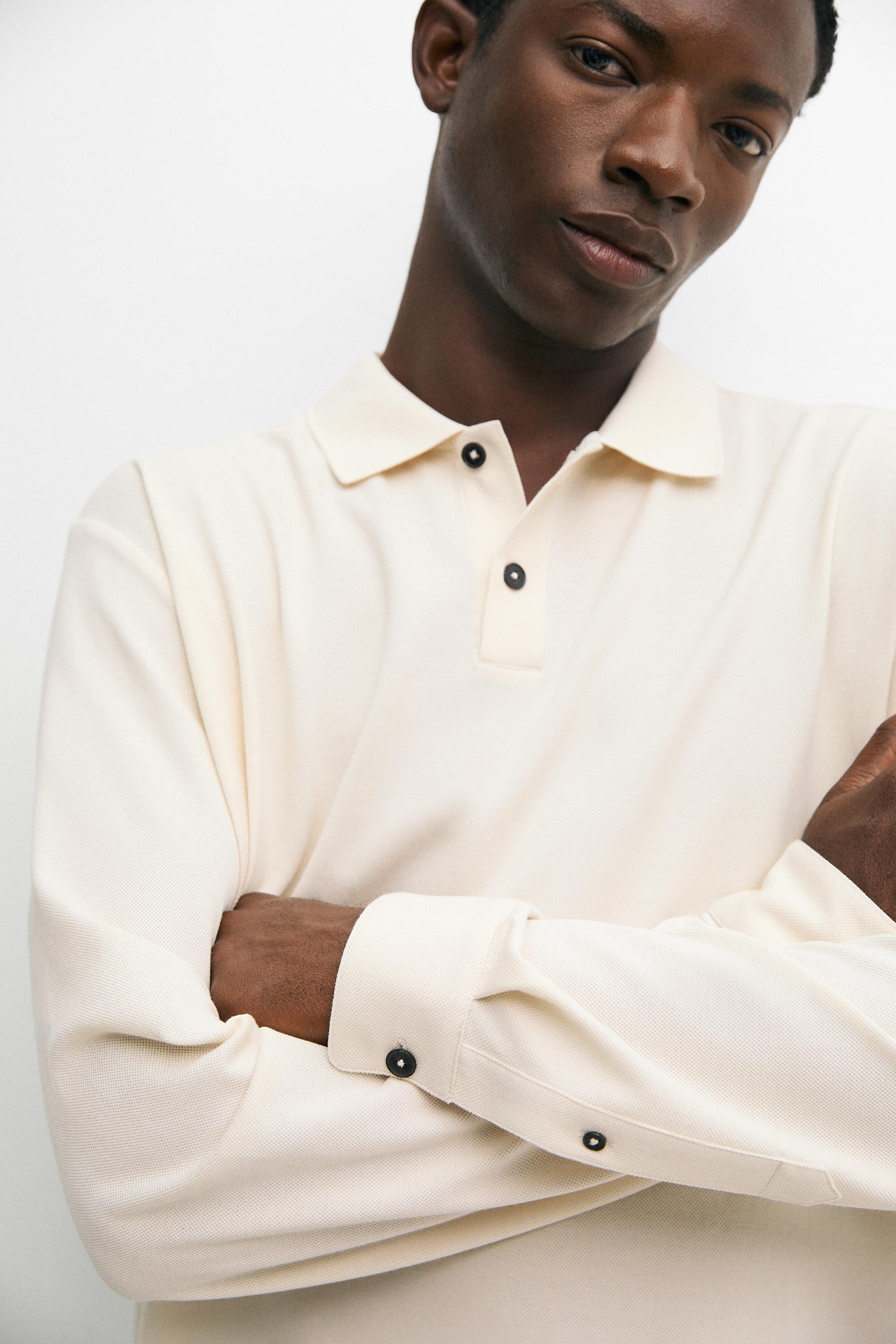 100% cotton micro-textured knit polo shirt — BEIGE