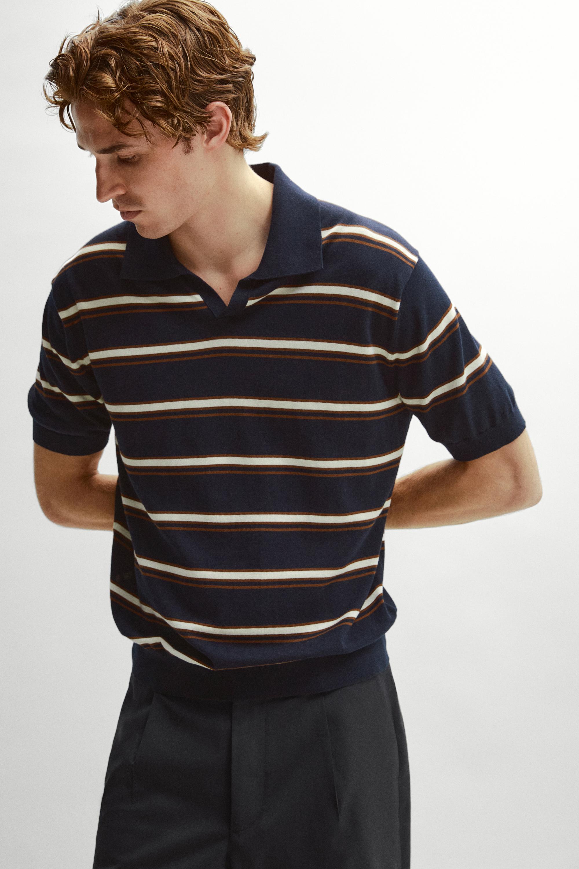 Striped V-neck knit polo shirt — NAVY BLUE