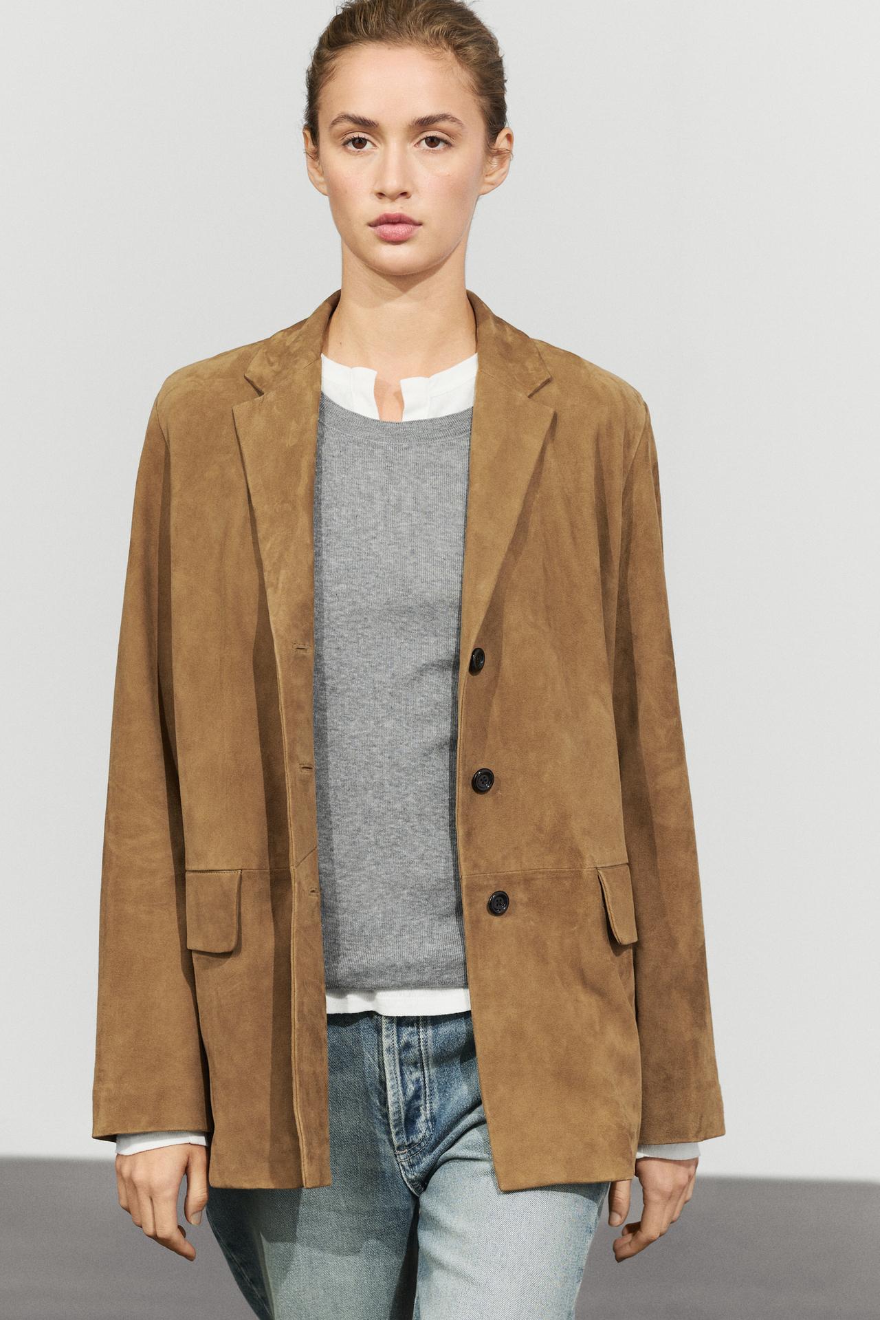 Suede leather blazer with lapel — SAND