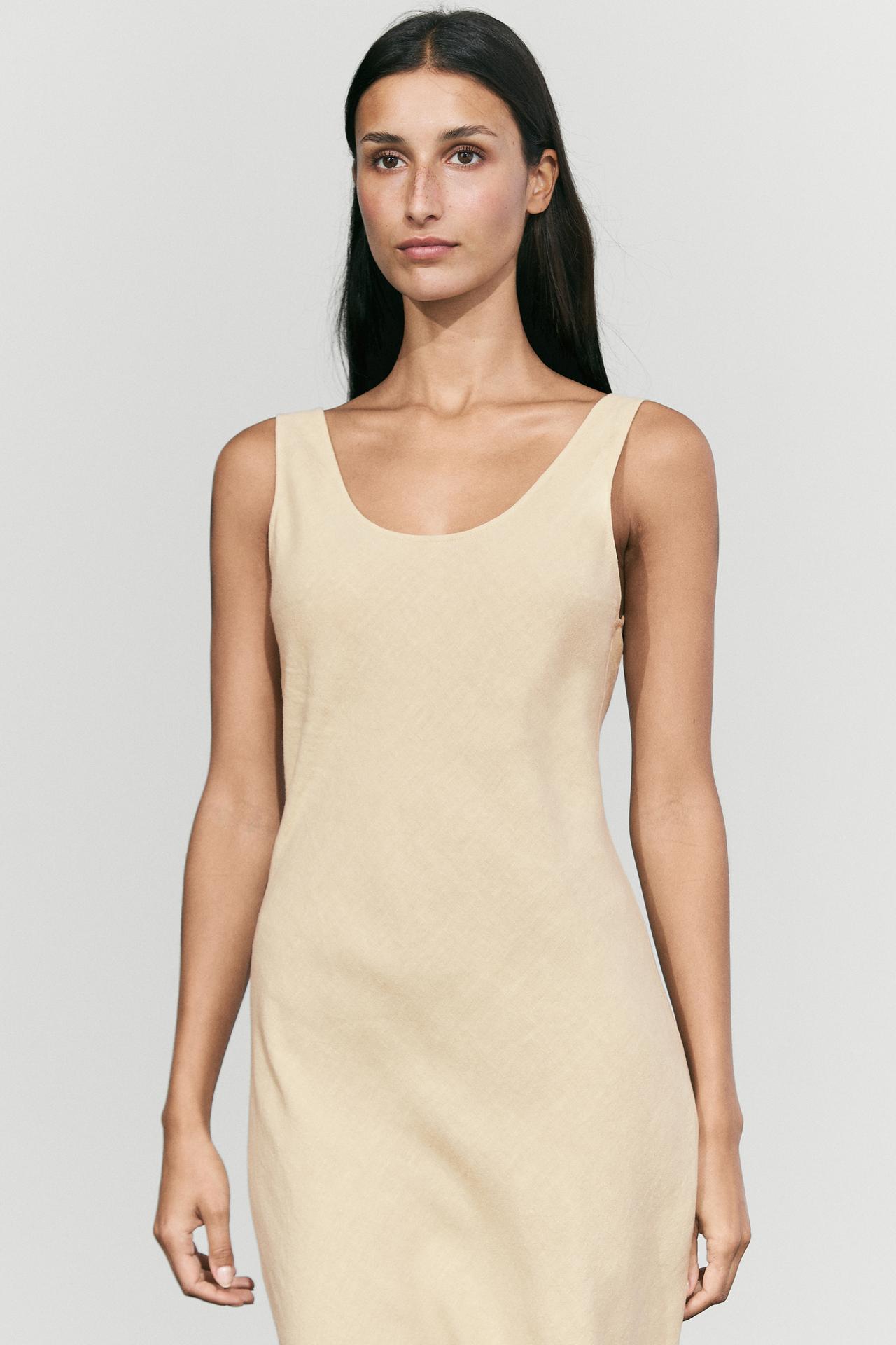 100% linen midi dress with round neck — BLUSH-BEIGE