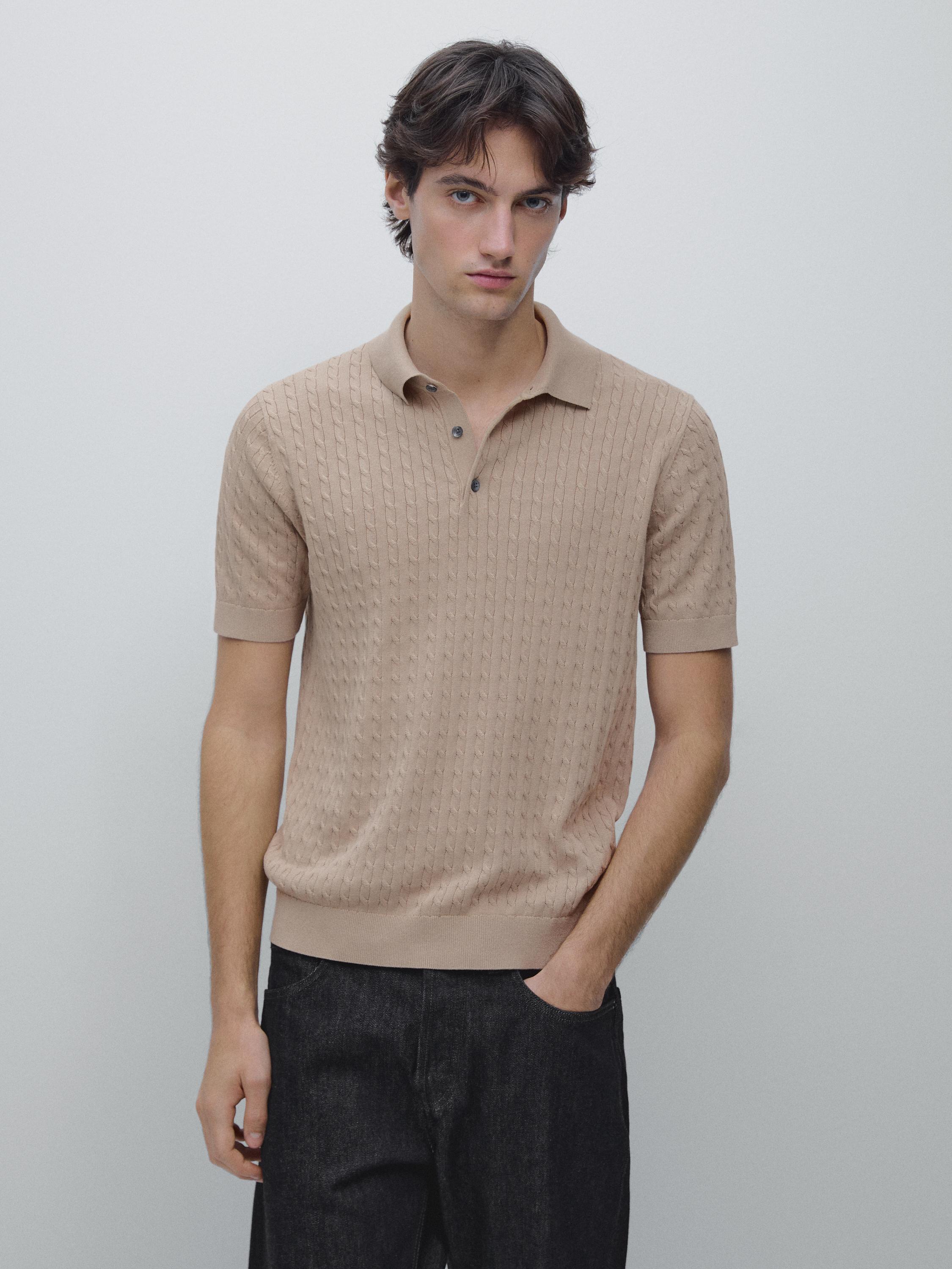 100% cotton cable-knit polo shirt — Sand beige