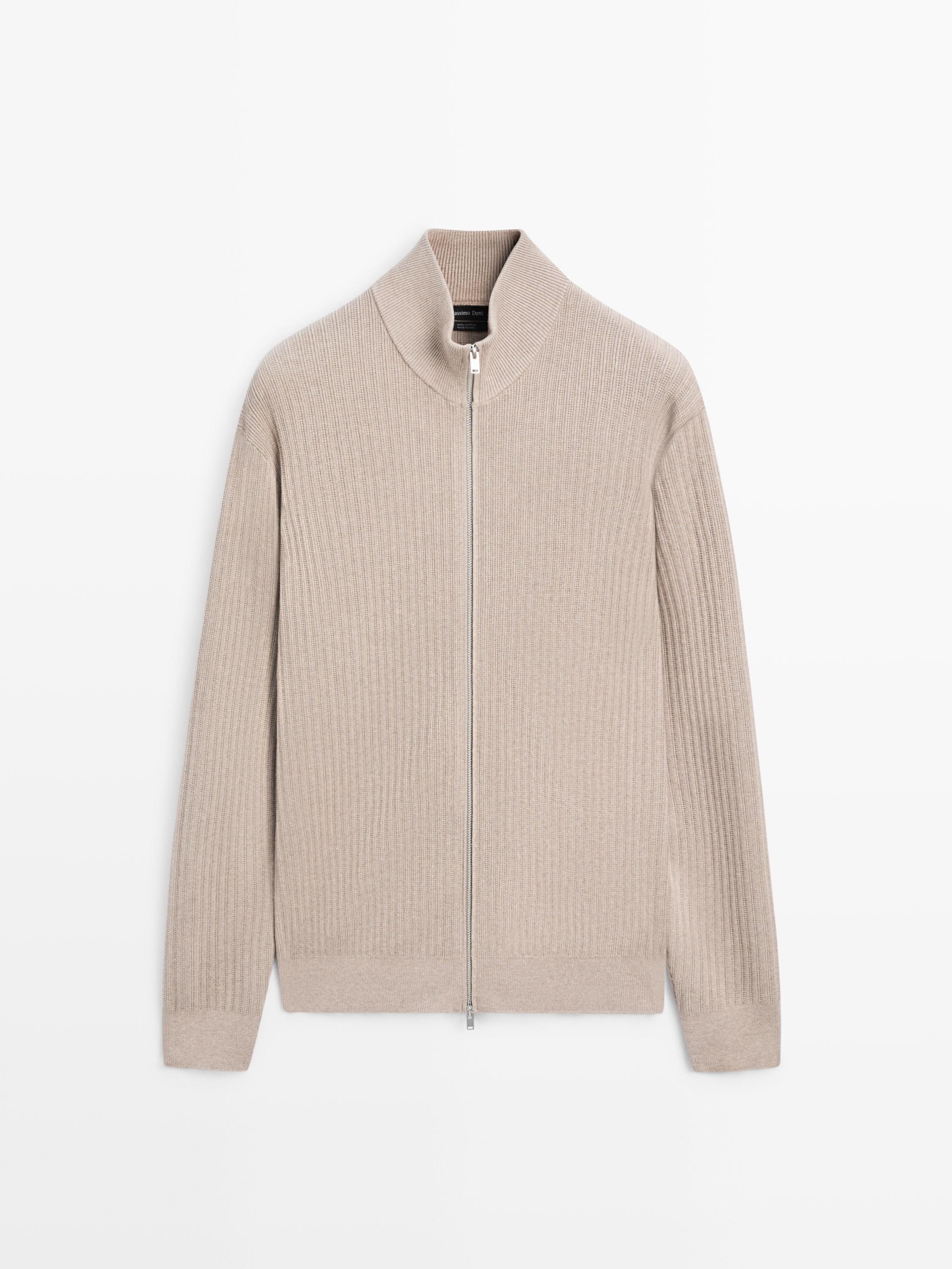 Cotton zip-up knit cardigan — MINK