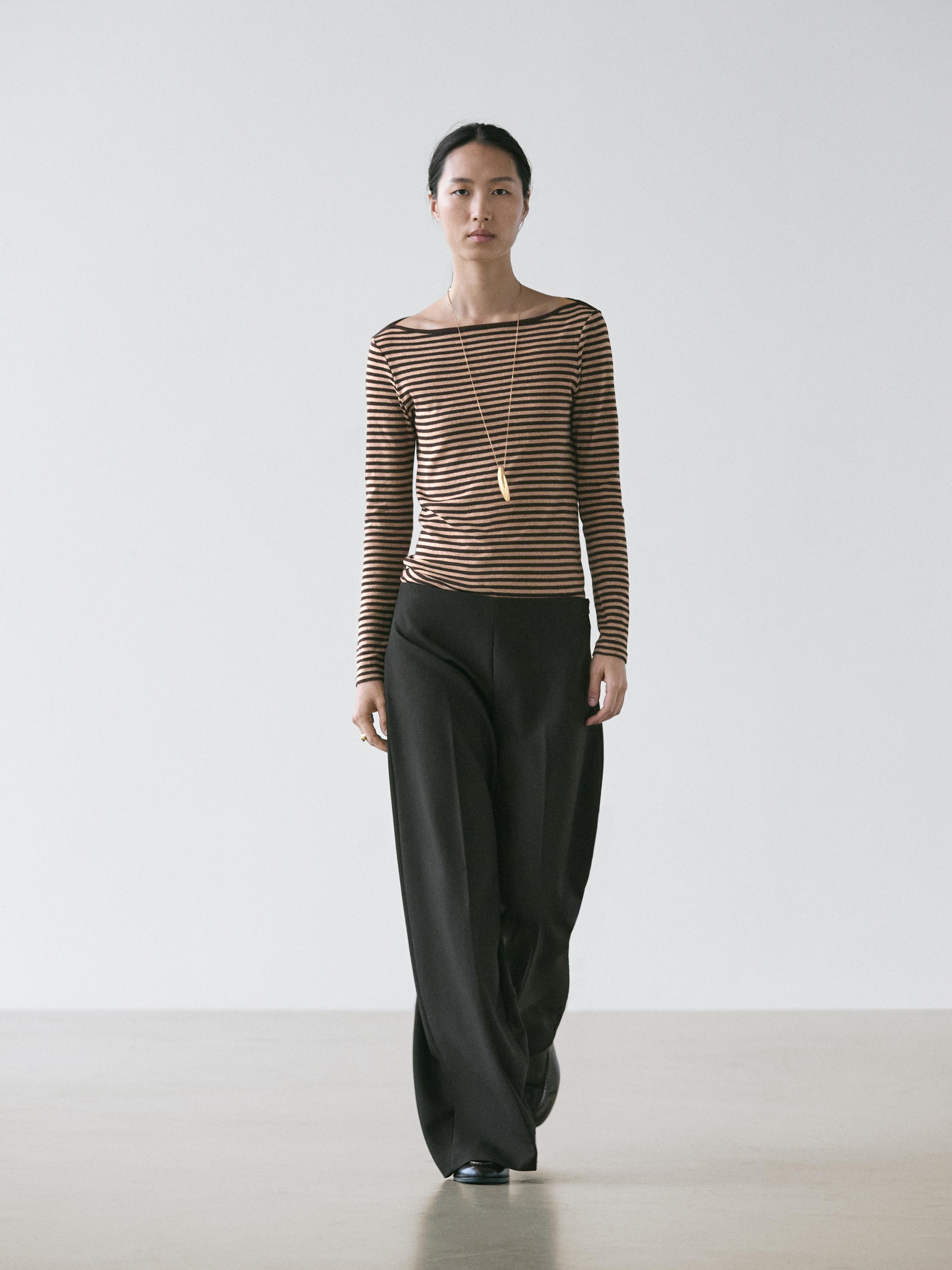 Striped long sleeve cotton T-shirt — BROWN