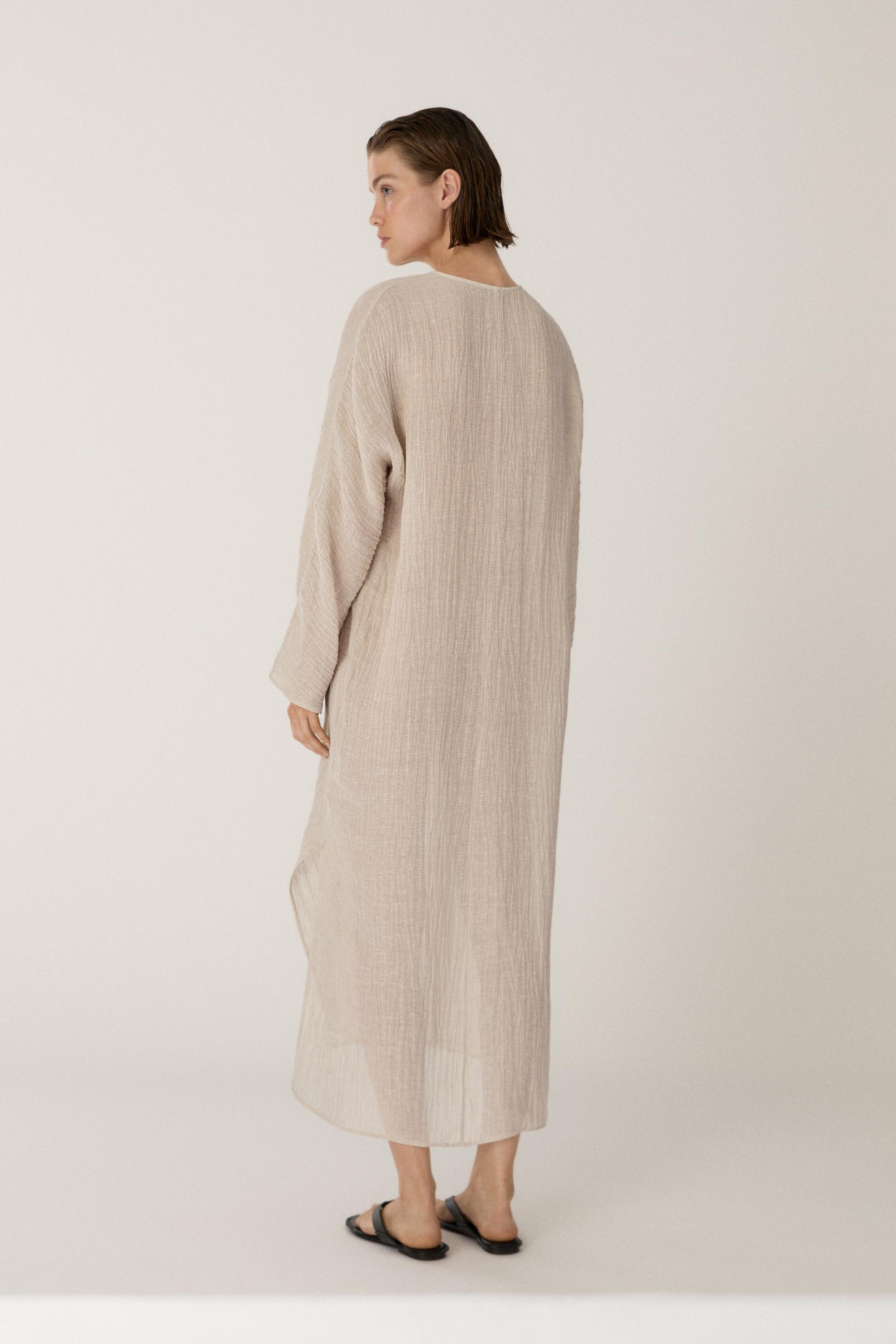 Linen blend kaftan dress with tied neckline — Off white