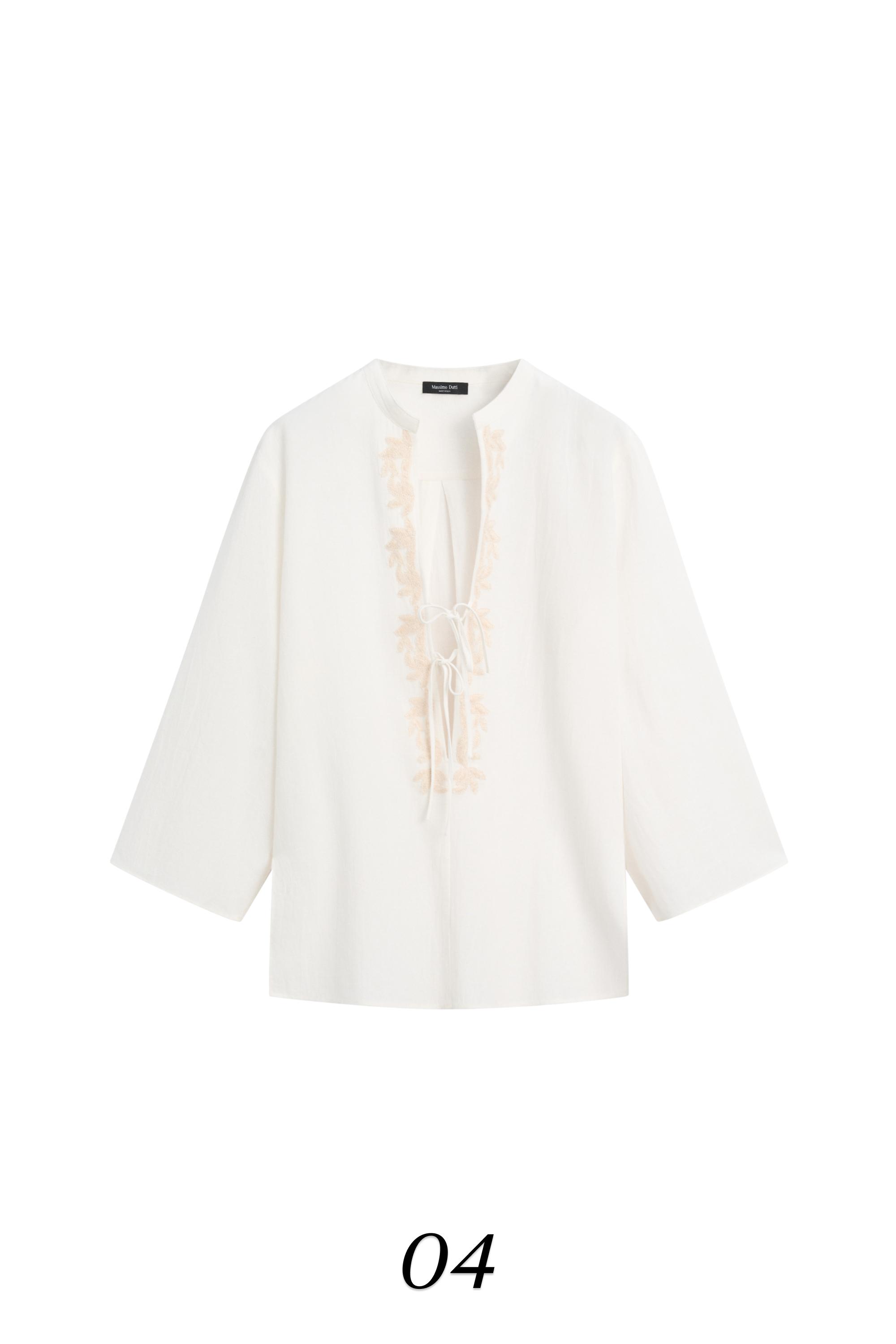 Flowing oversize blouse with stand collar and embroidery — CREAM