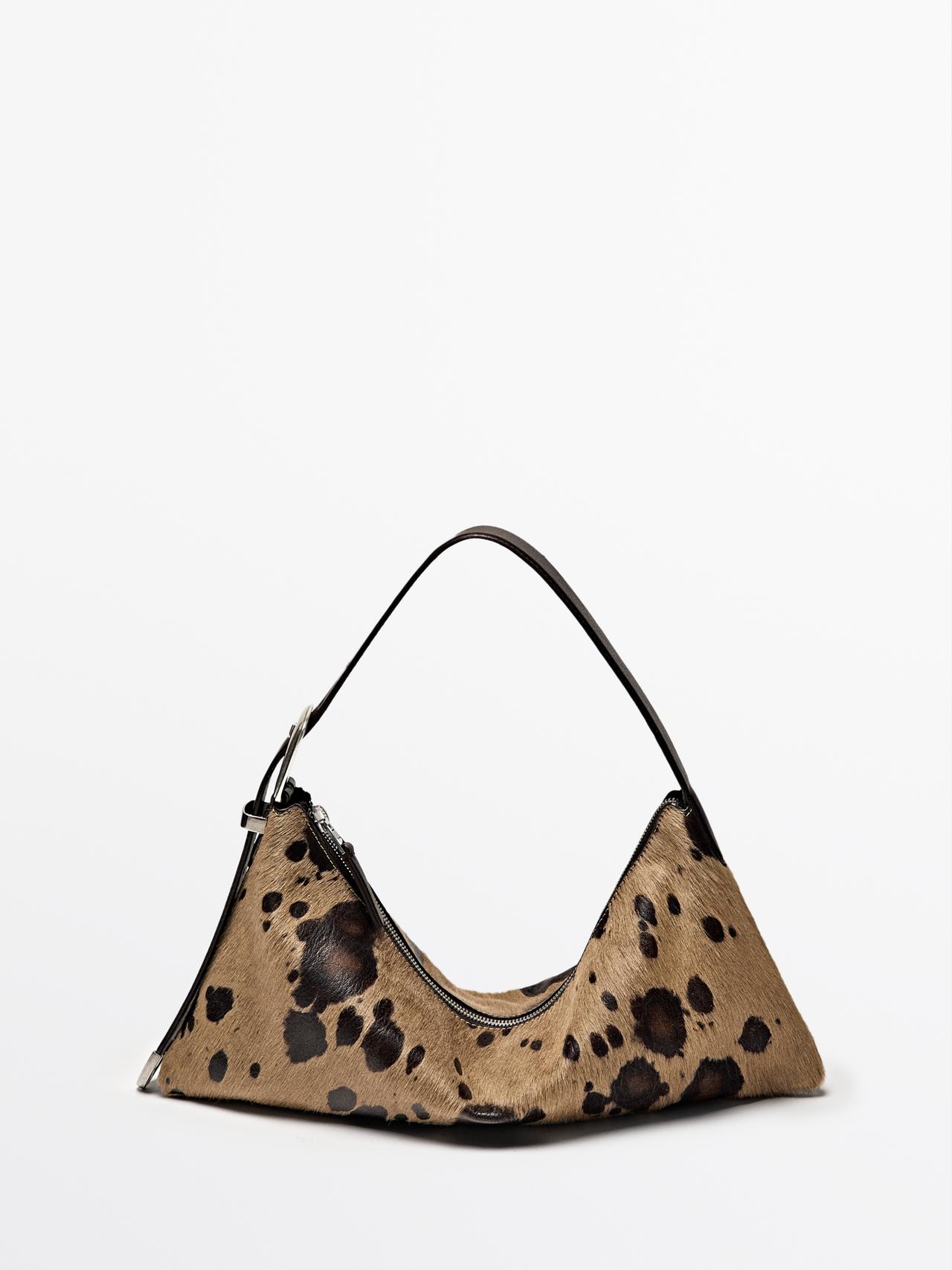 Massimo Dutti - Dame - Leather Bag With Printed Fur - Råhvid - 01