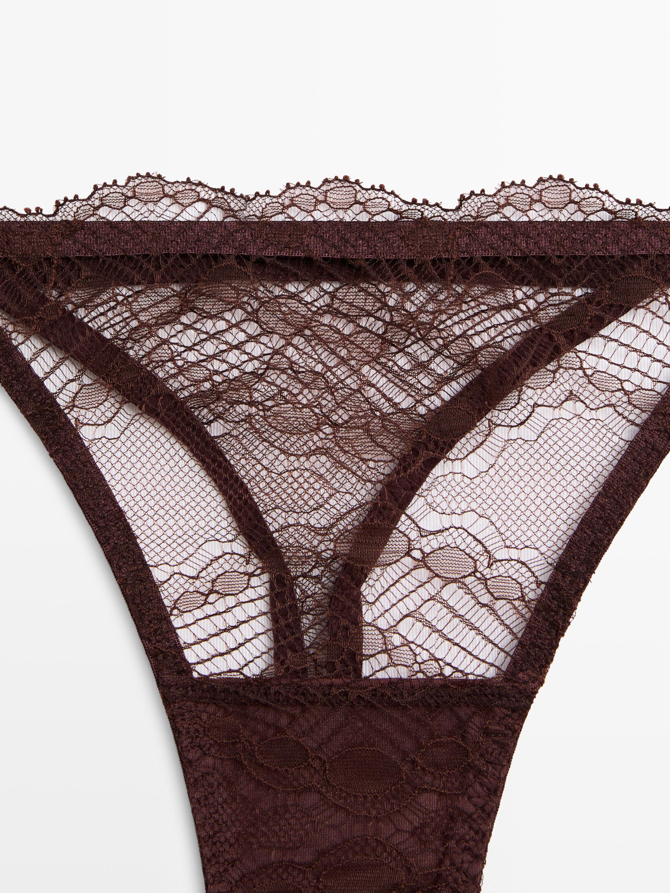 Scalloped lace thong — BROWN