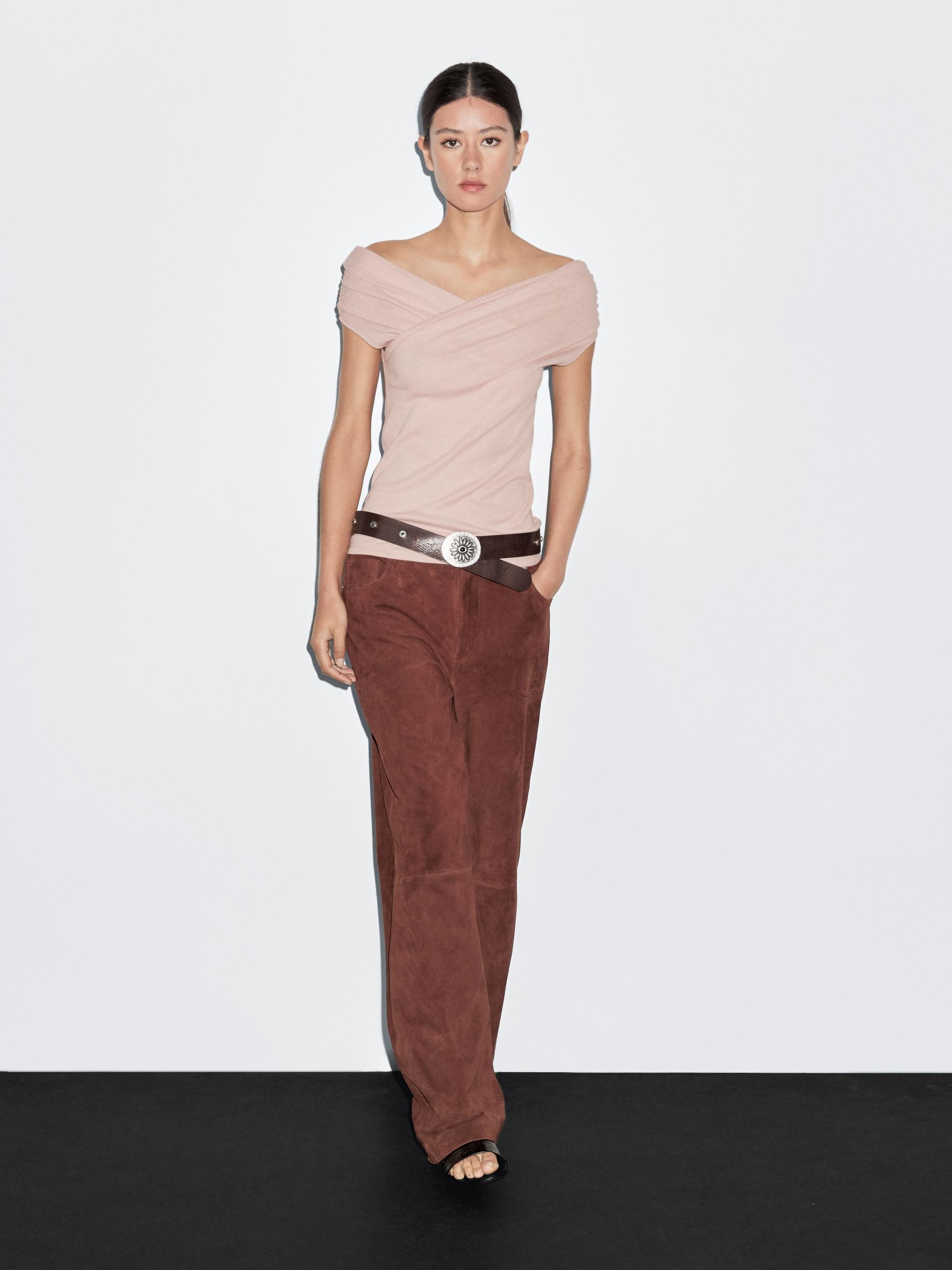 Top À Col Bateau Croisé 100 % Coton - Rose Pâle - M - Massimo Dutti - Femme