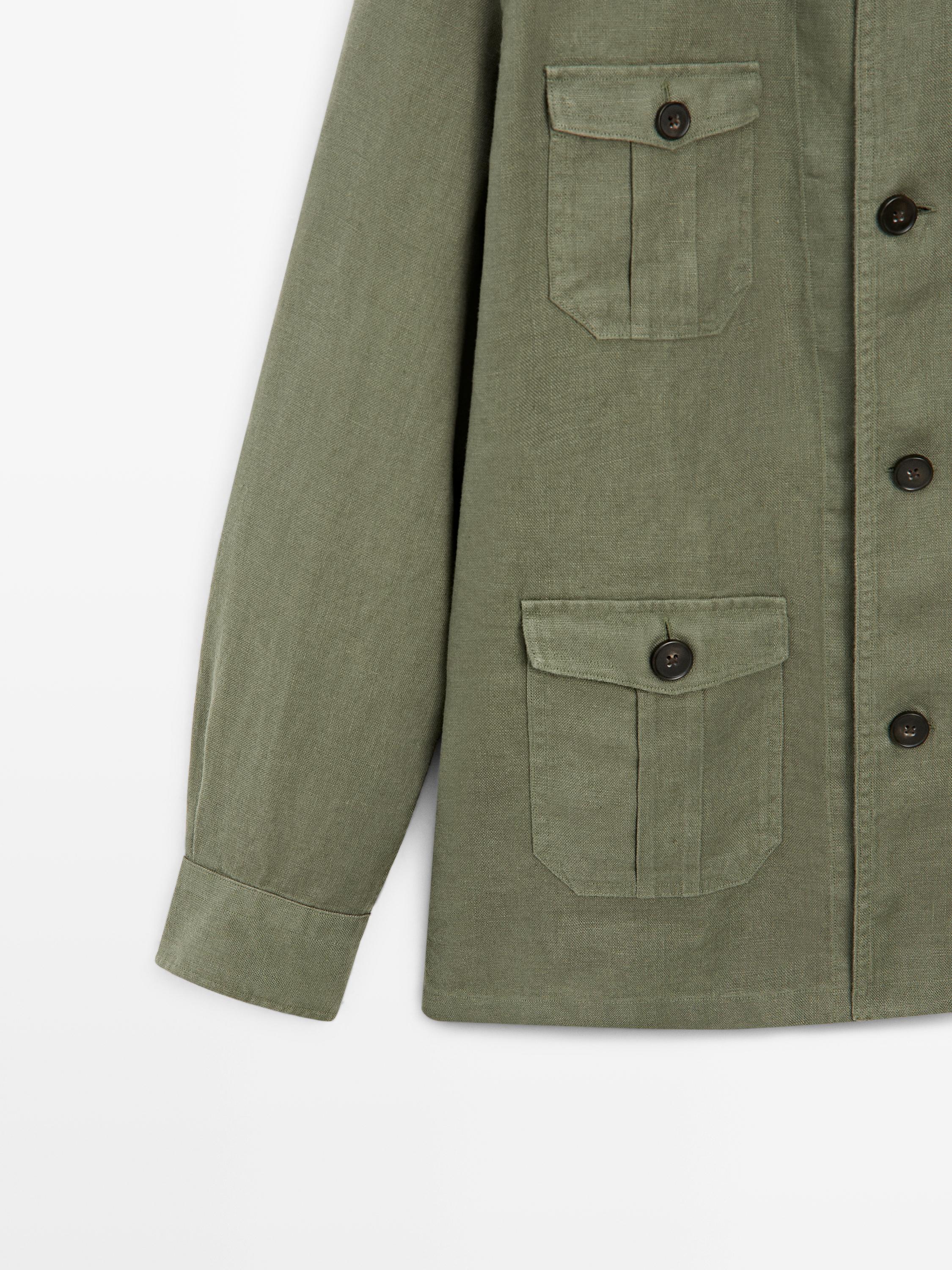 Heavy linen overshirt with pocket details — DARK GREEN