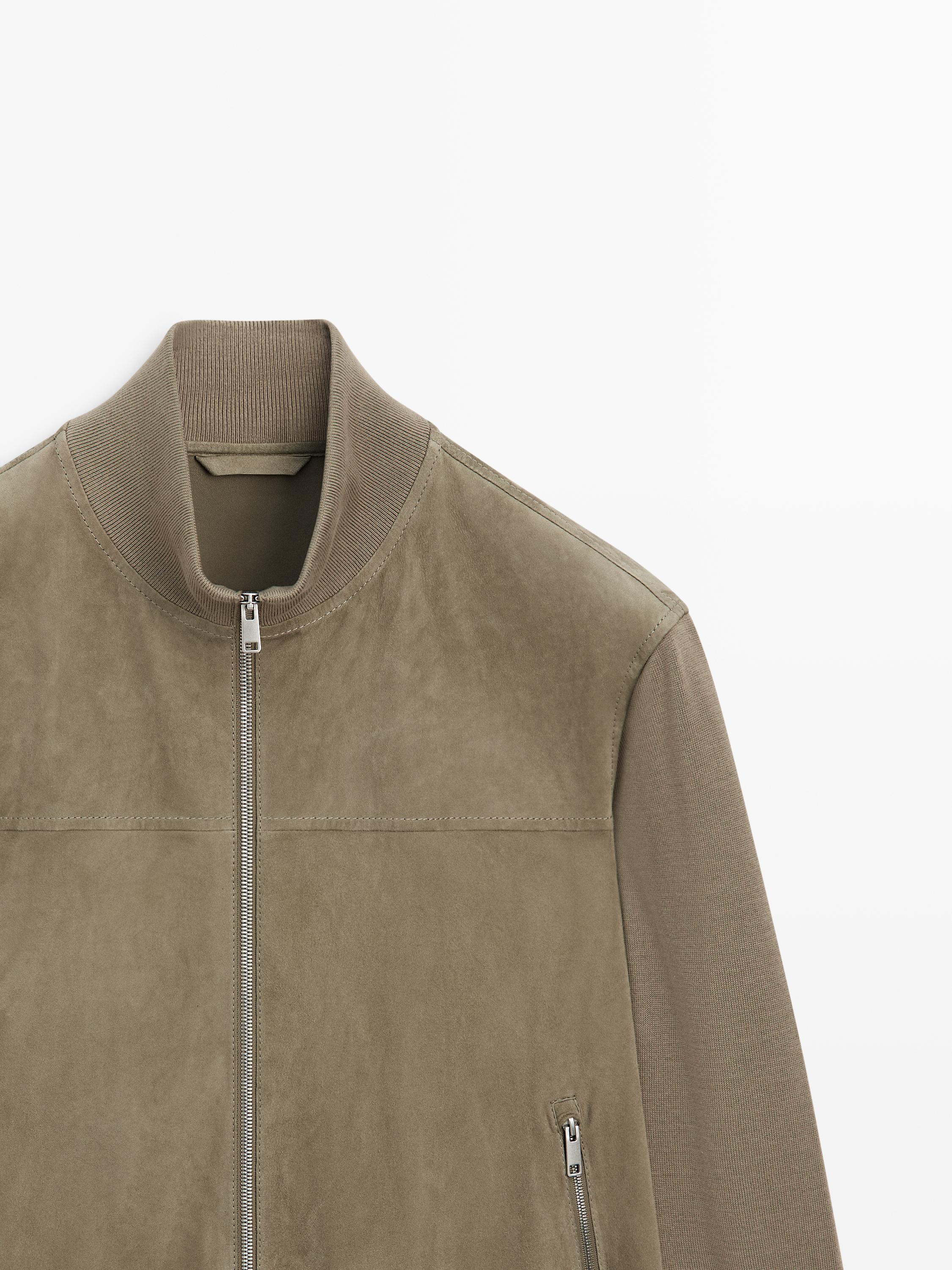Contrast knit and suede leather jacket — PALE KHAKI