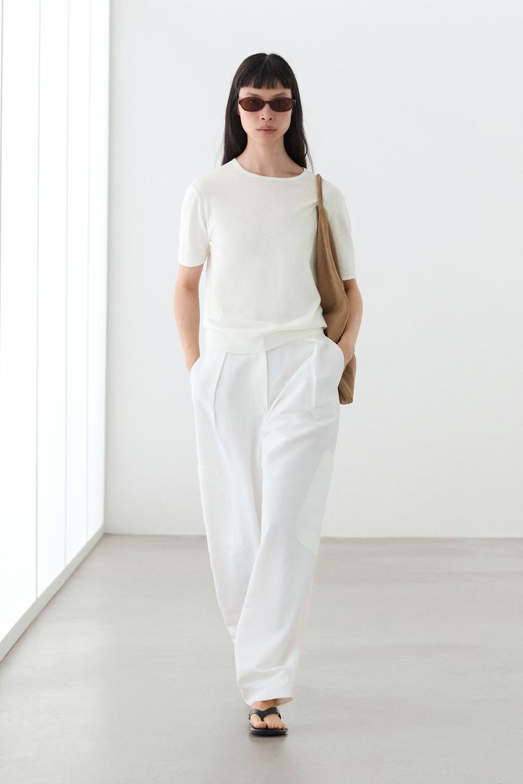 Cotton blend knit short-sleeve sweater — CREAM