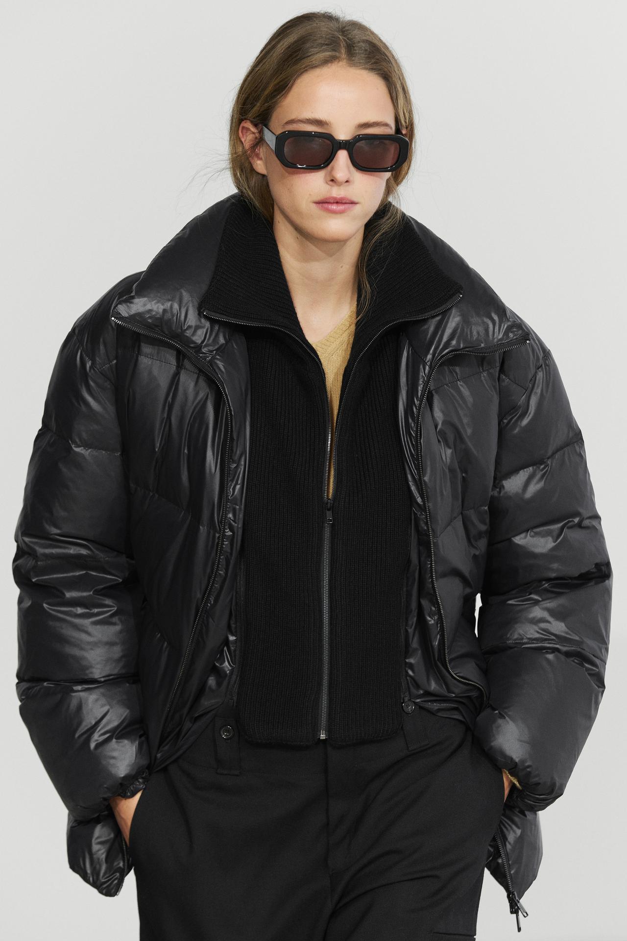 Down jacket with detachable knit bib detail — BLACK