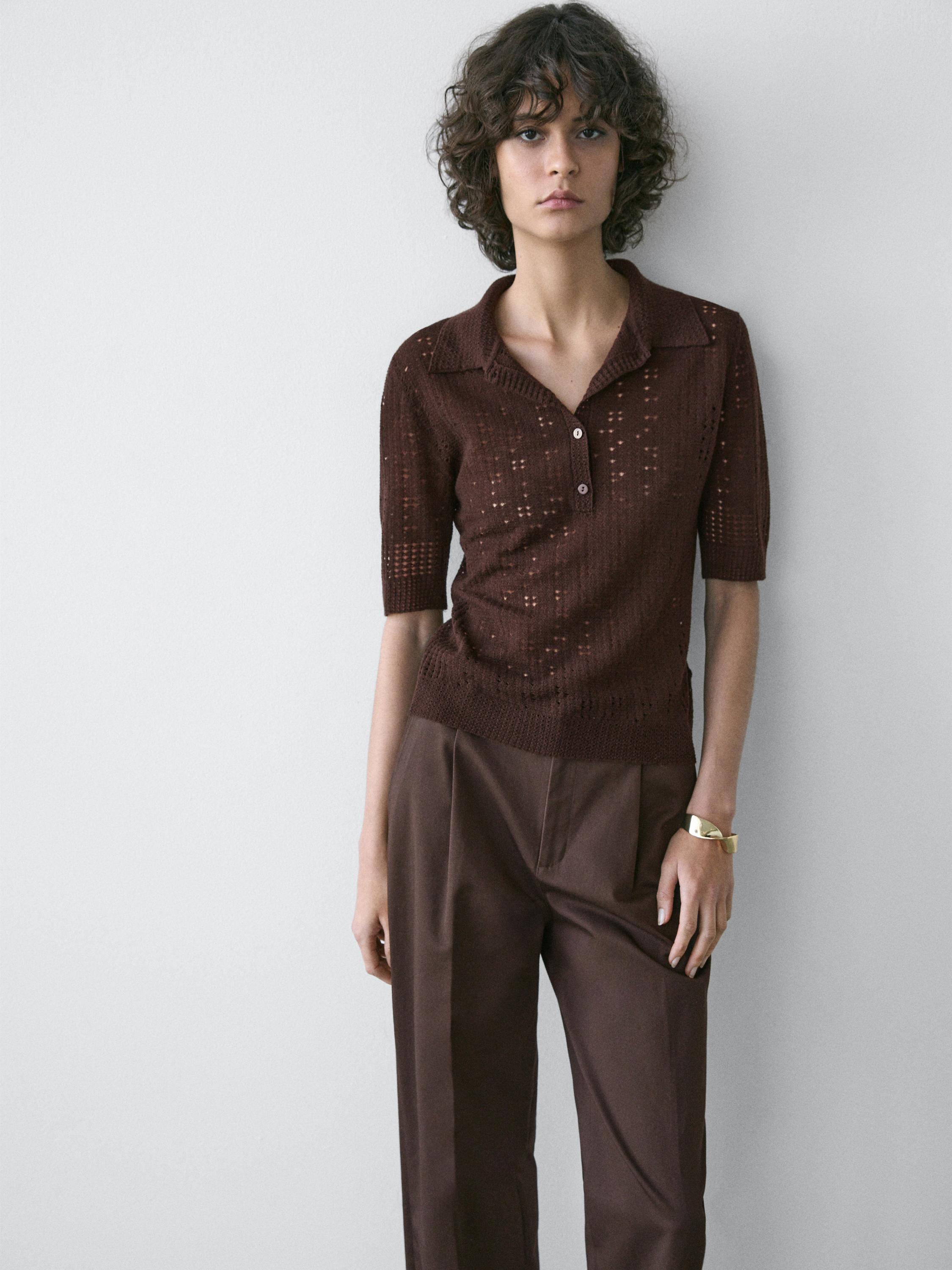 Short sleeve wool blend knit polo shirt