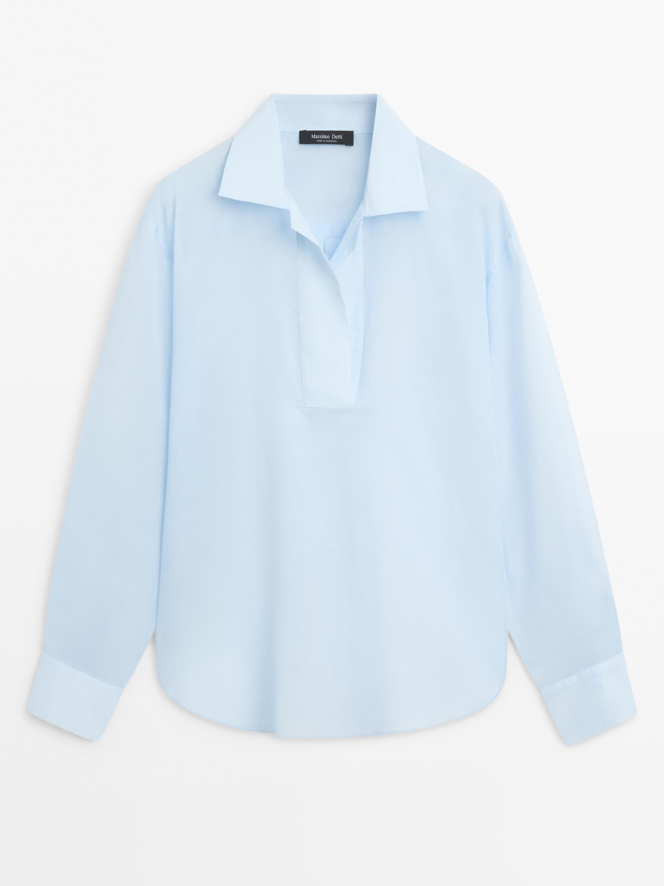 Flowing 100% cotton shirt with collar detail — SKY BLUE
