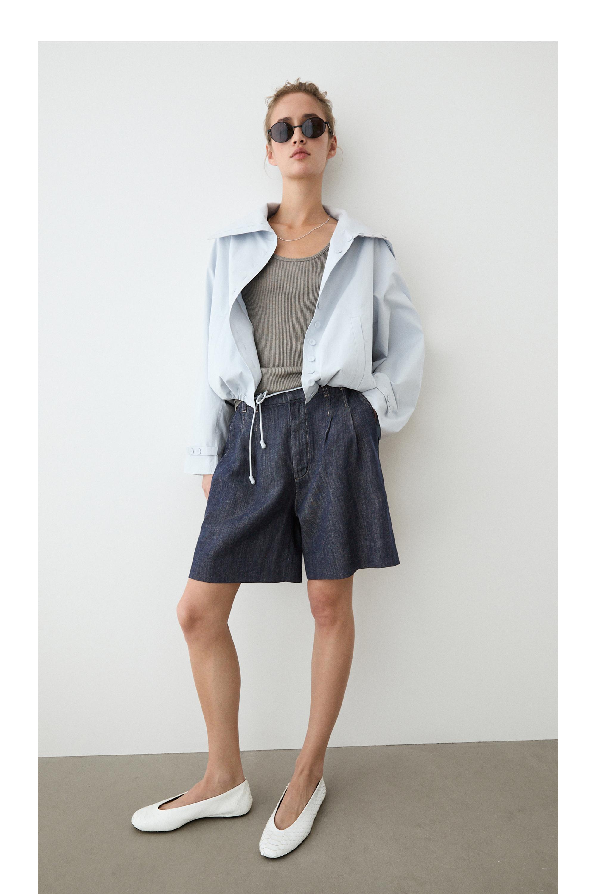 Cotton denim Bermuda shorts with topstitching — DARK BLUE