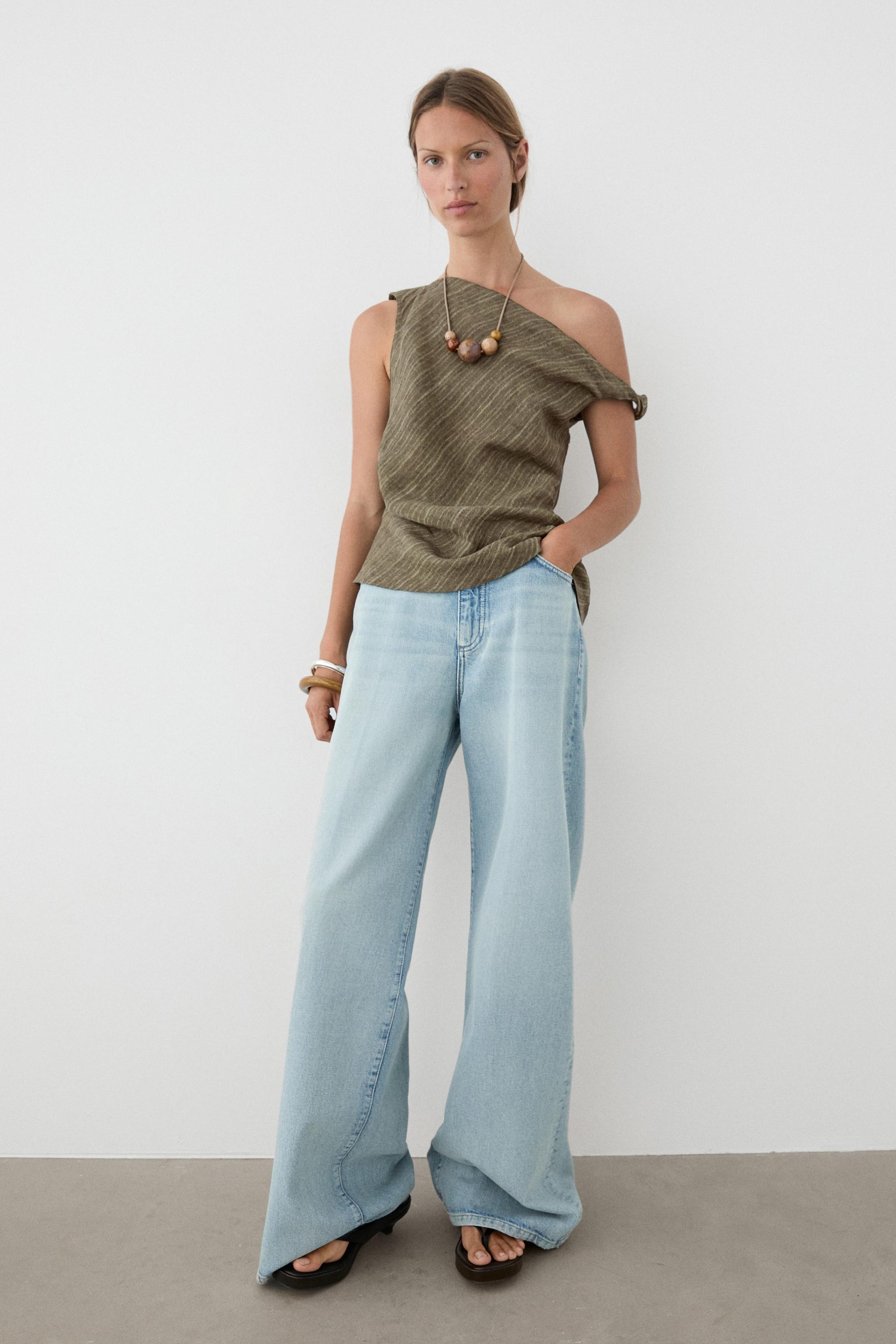 Total look 100% linen asymmetric top — DARK KHAKI