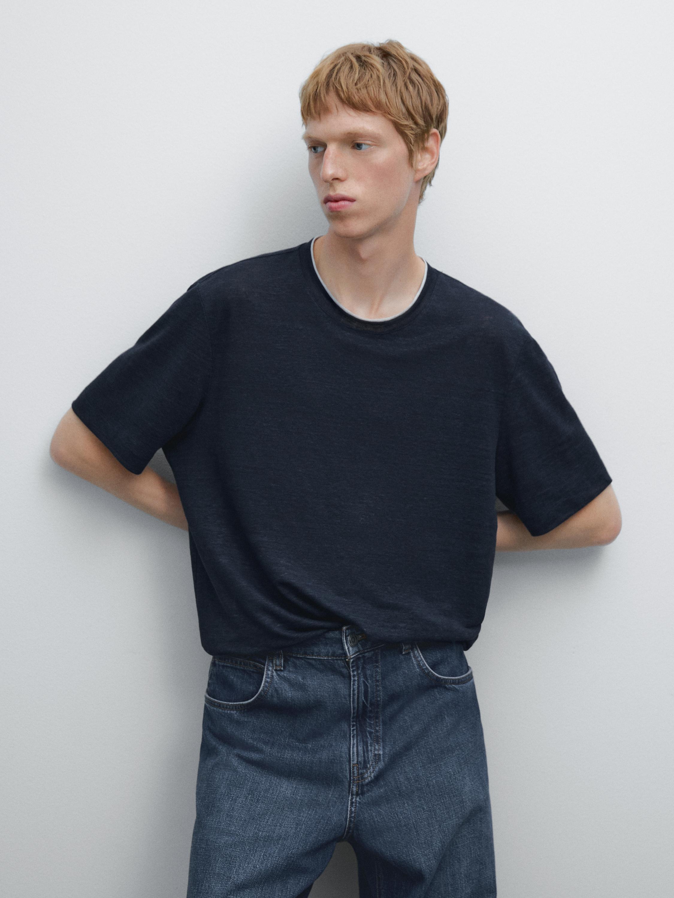 Linen blend contrast knit T-shirt