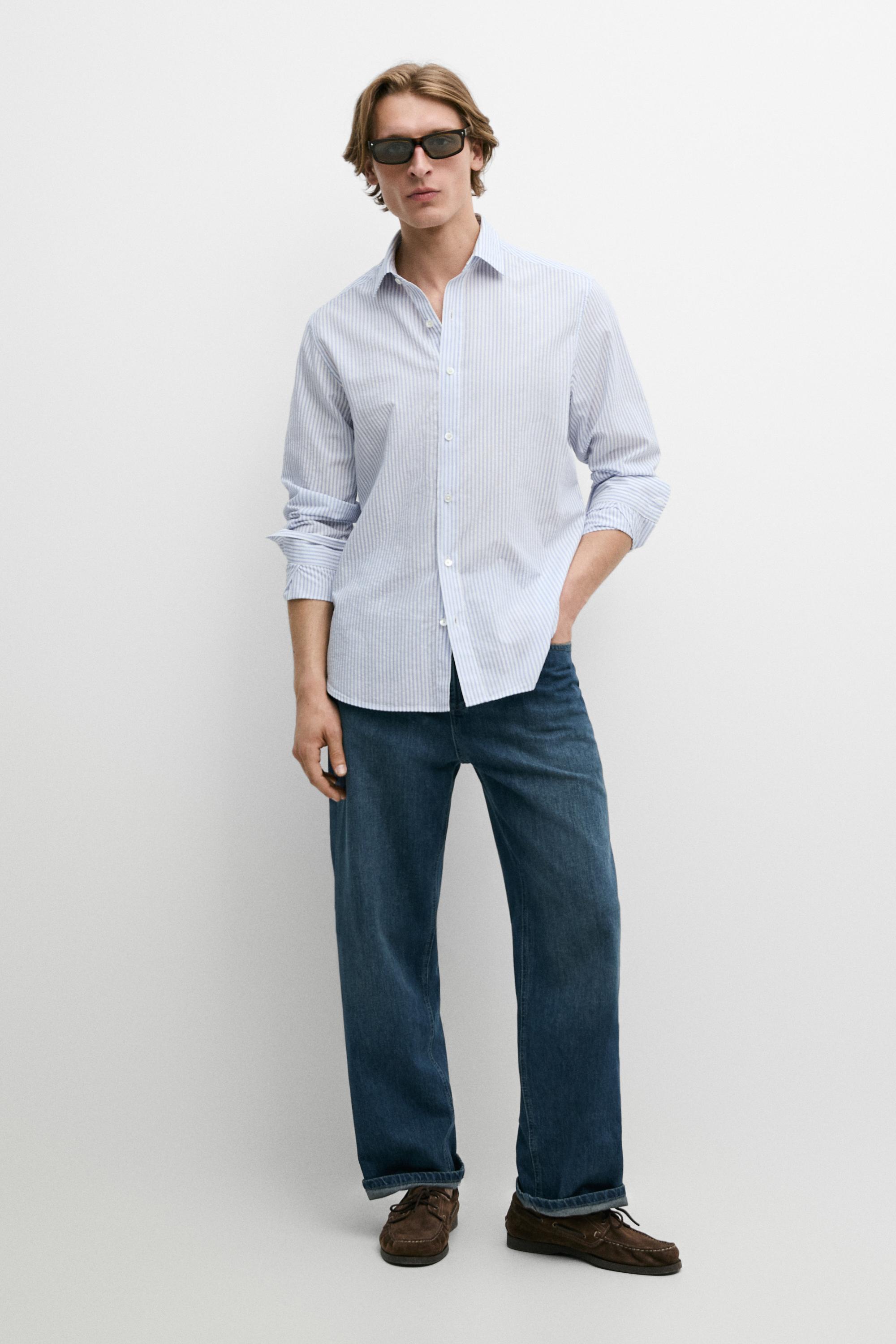 100% cotton regular fit striped shirt — BLUE