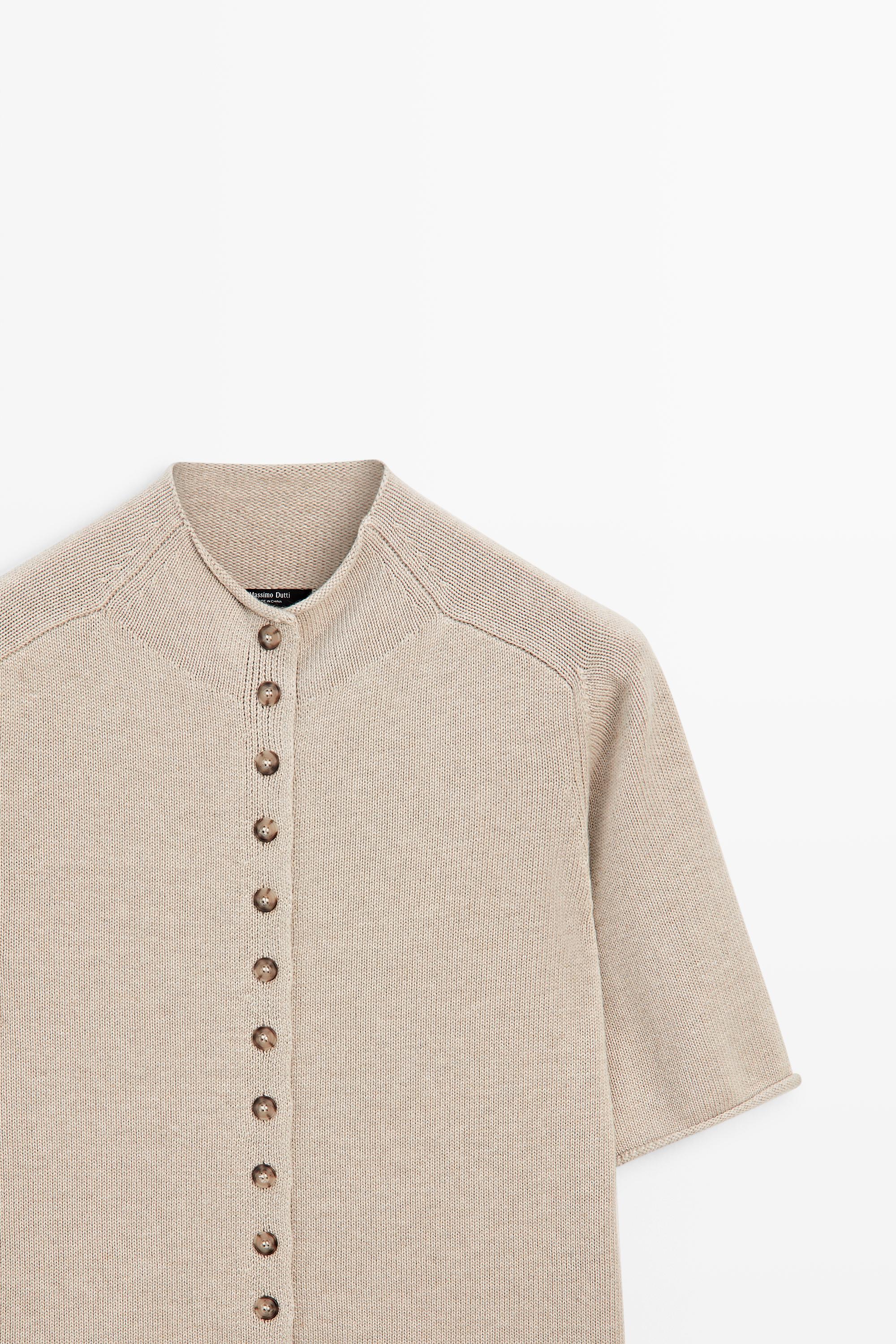 Cotton funnel neck knit cardigan — STONE