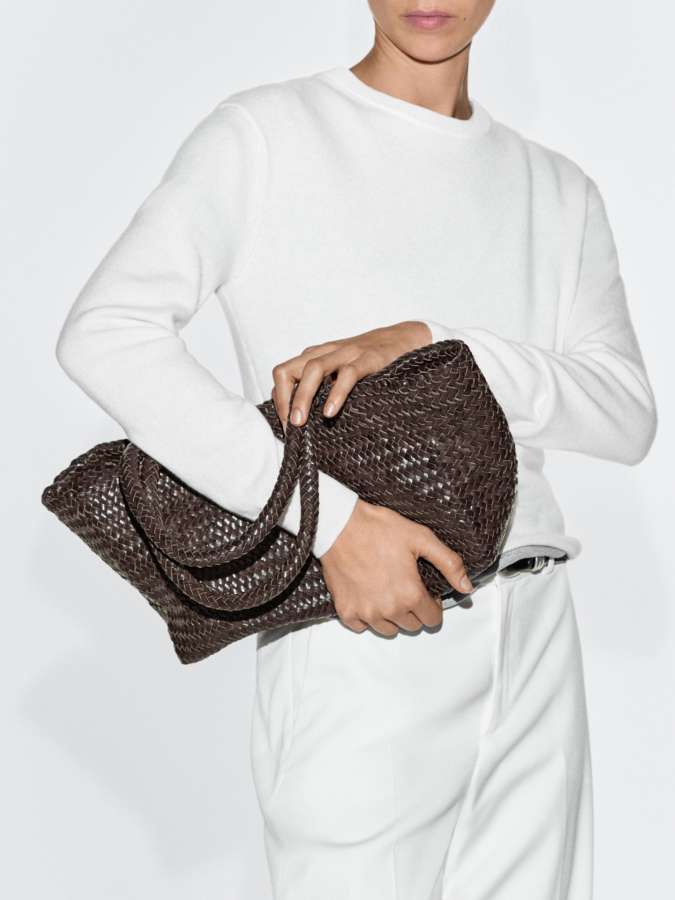 Medium braided nappa leather tote bag — BROWN