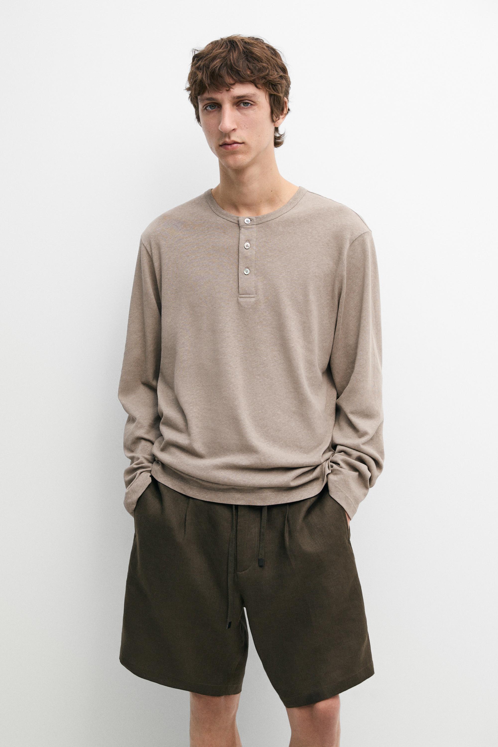 Long sleeve henley neck T-shirt — MOLE BROWN