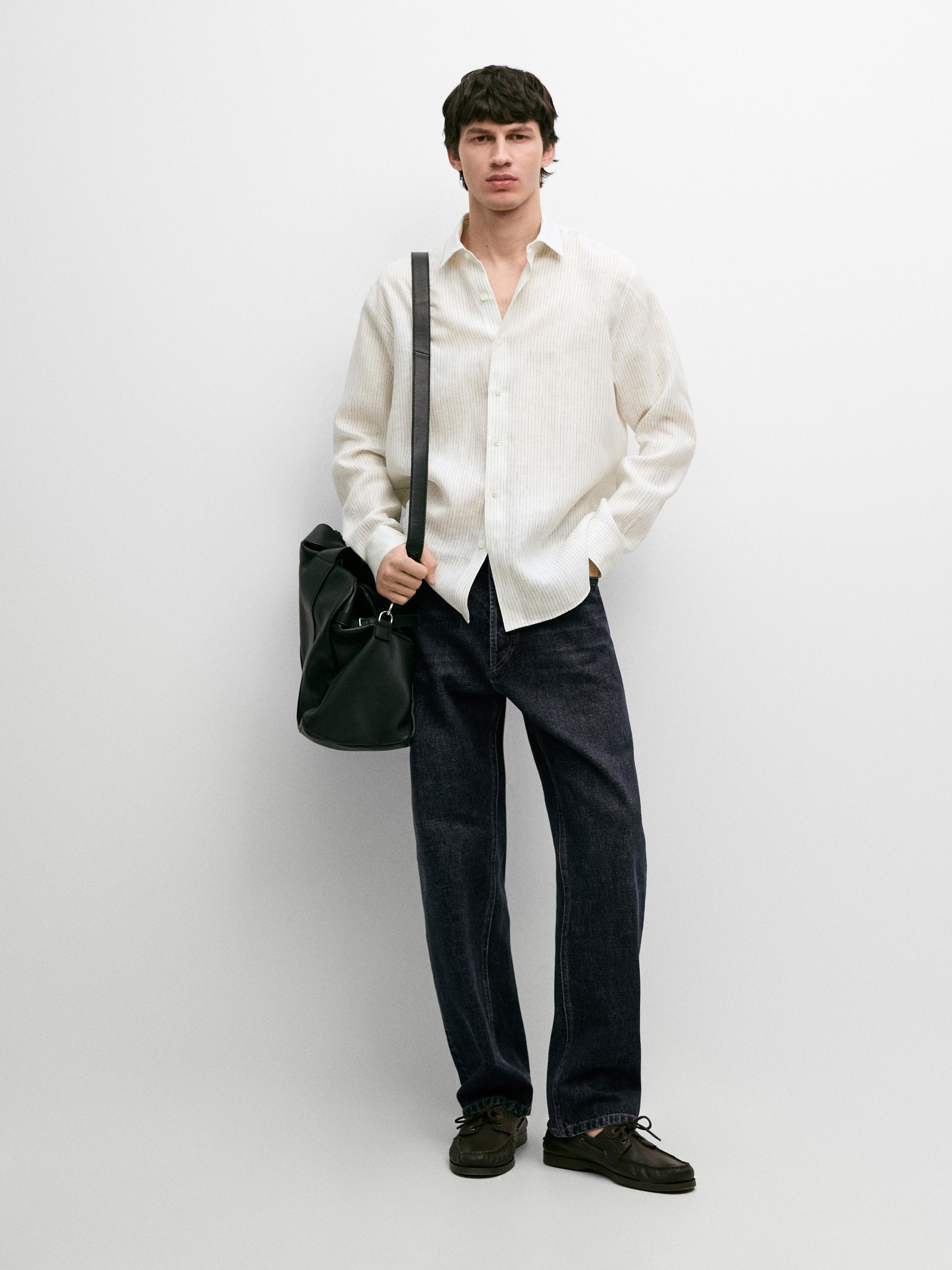 Regular fit striped linen shirt — WHITE