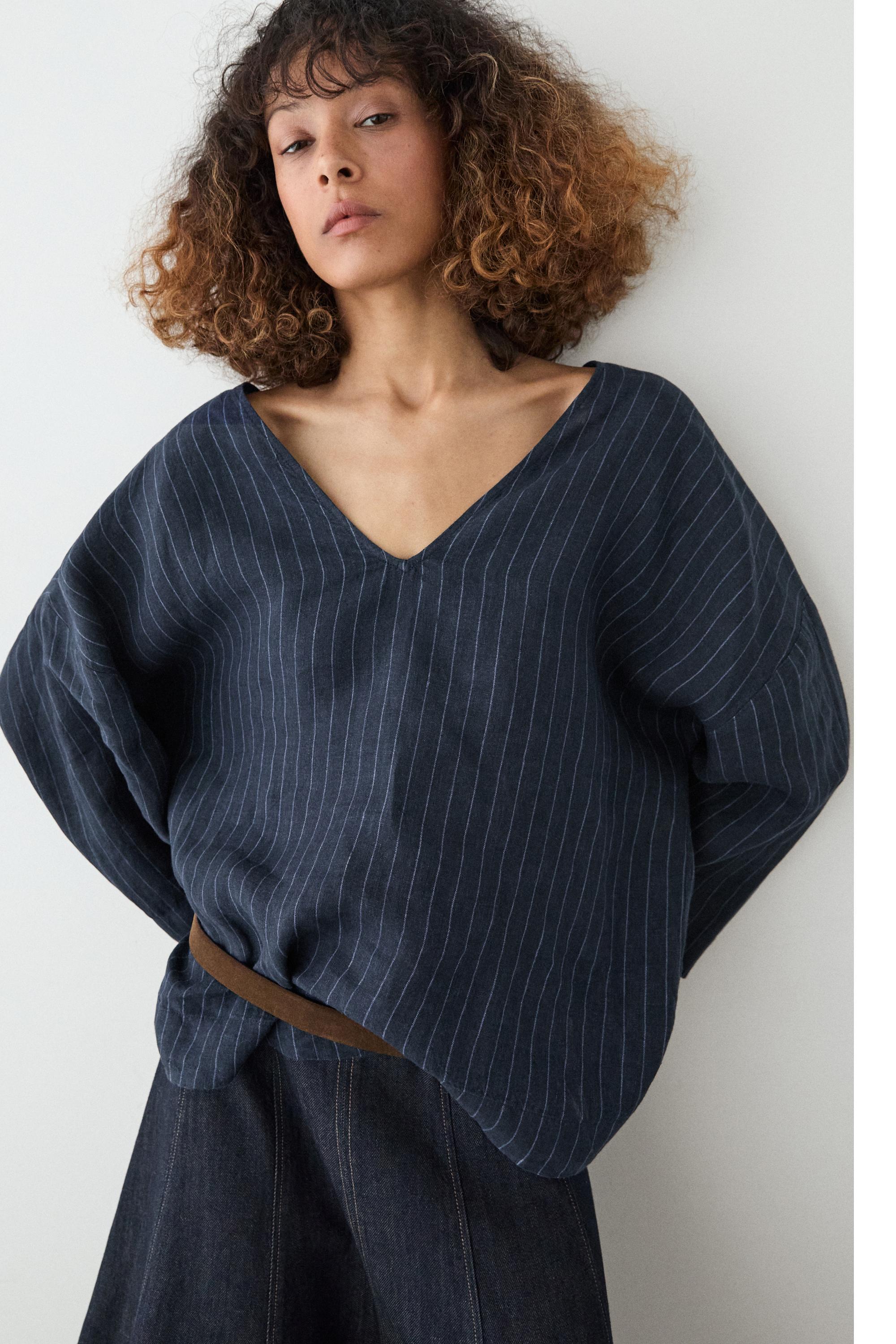 Striped linen blouse with back detail — DARK BLUE