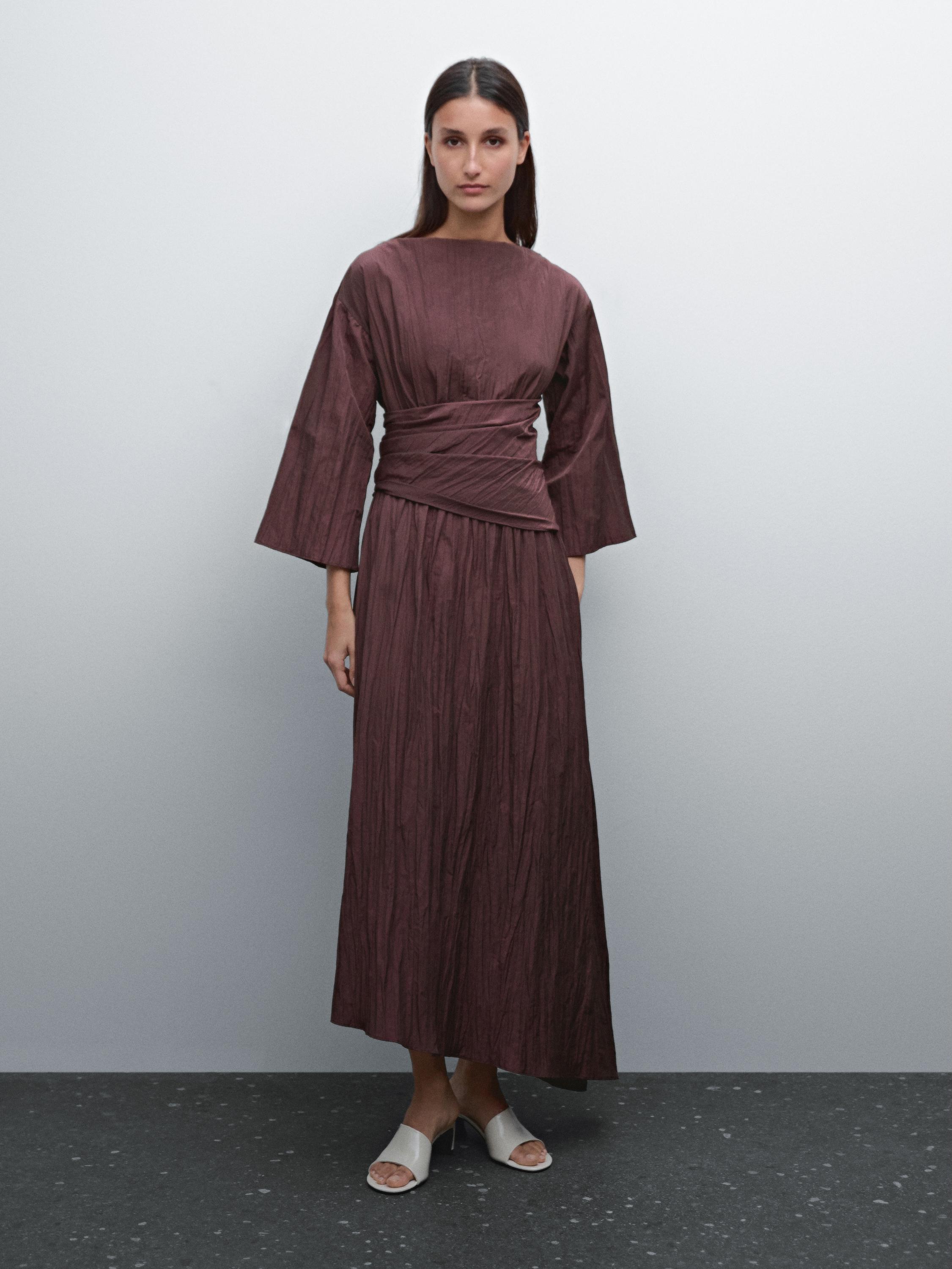 Pleated midi dress with sash belt detail