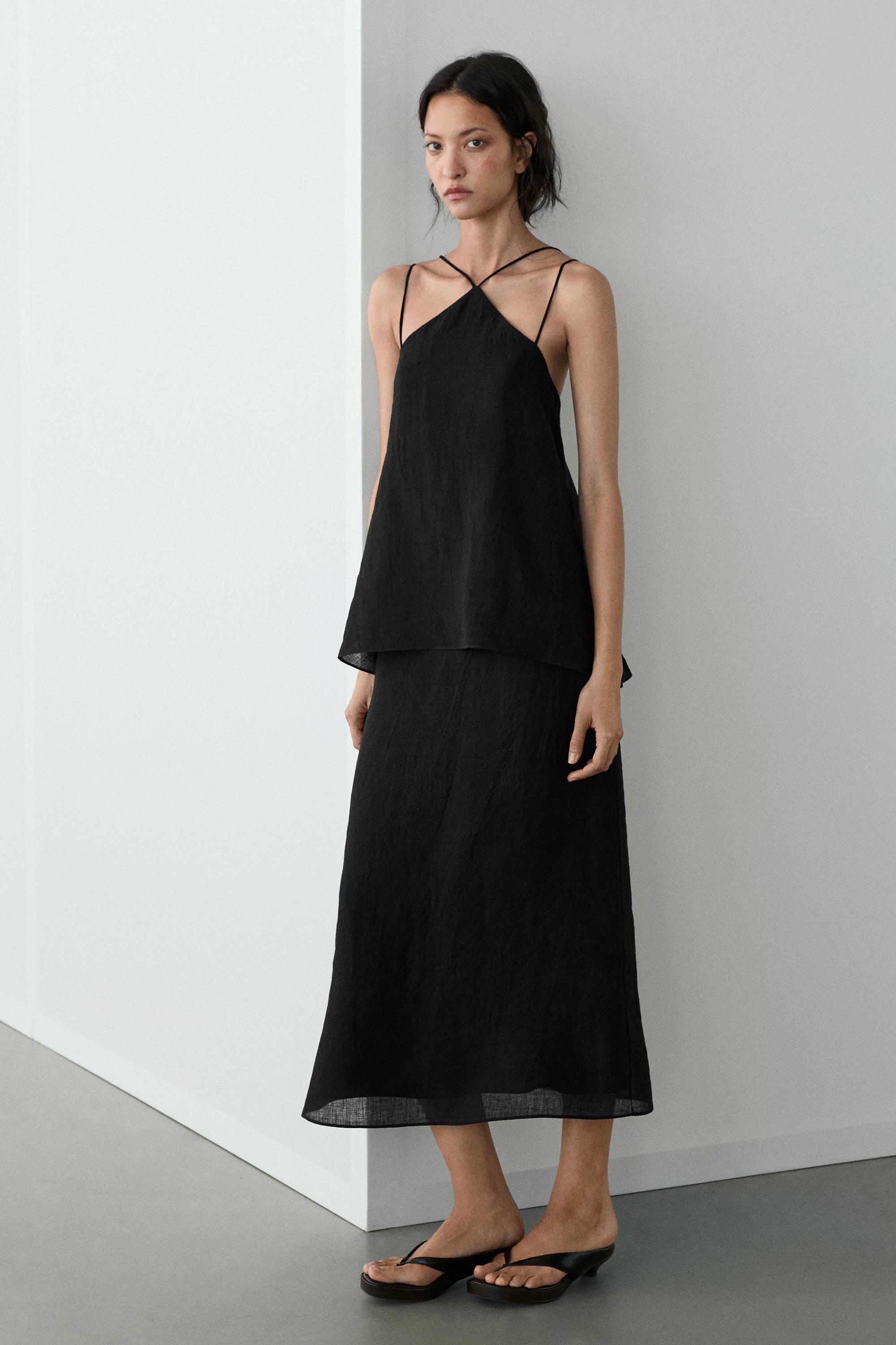 Flowing strappy 100% linen dress — BLACK