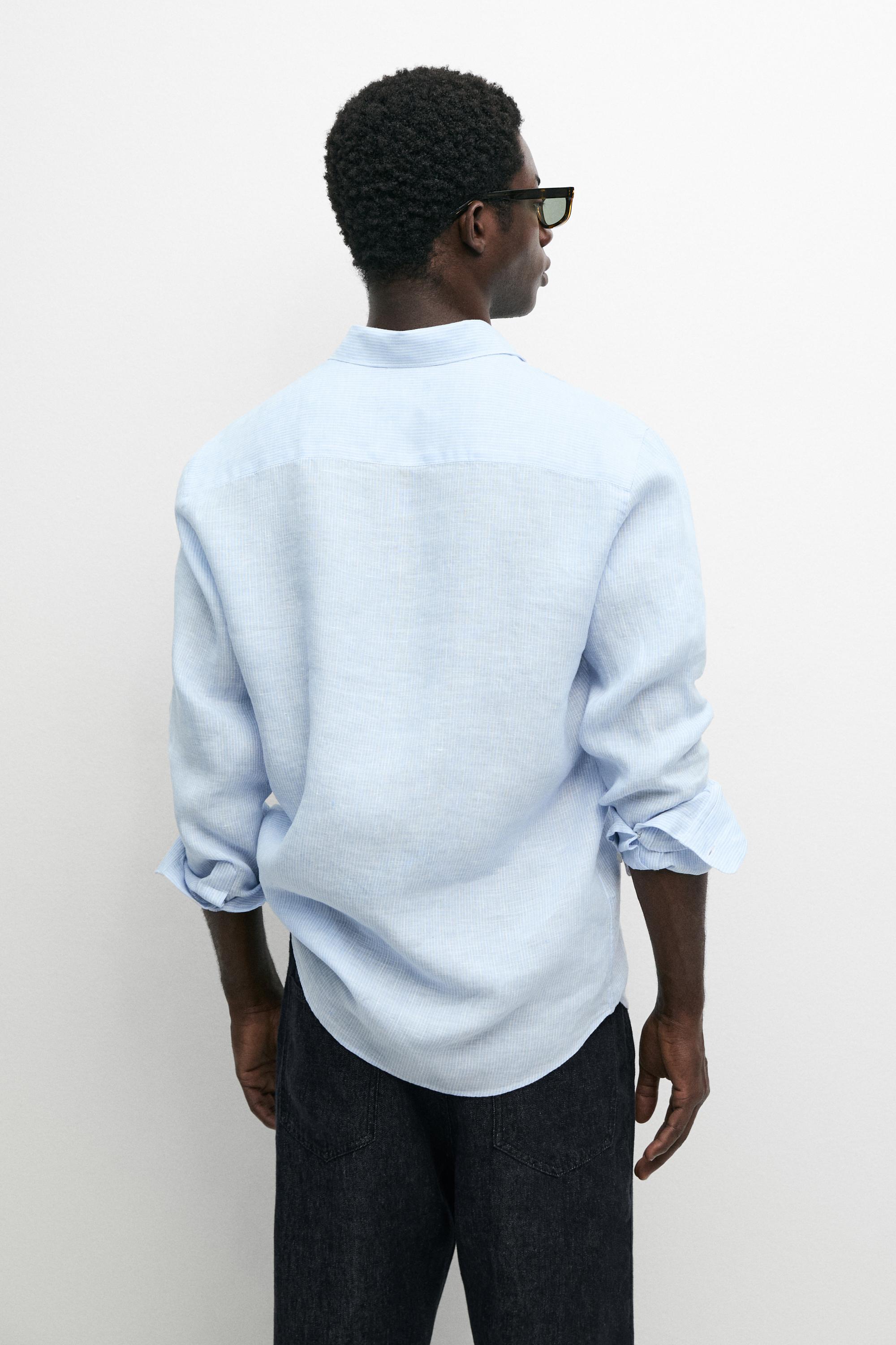 Regular fit striped melange linen shirt — SKY BLUE