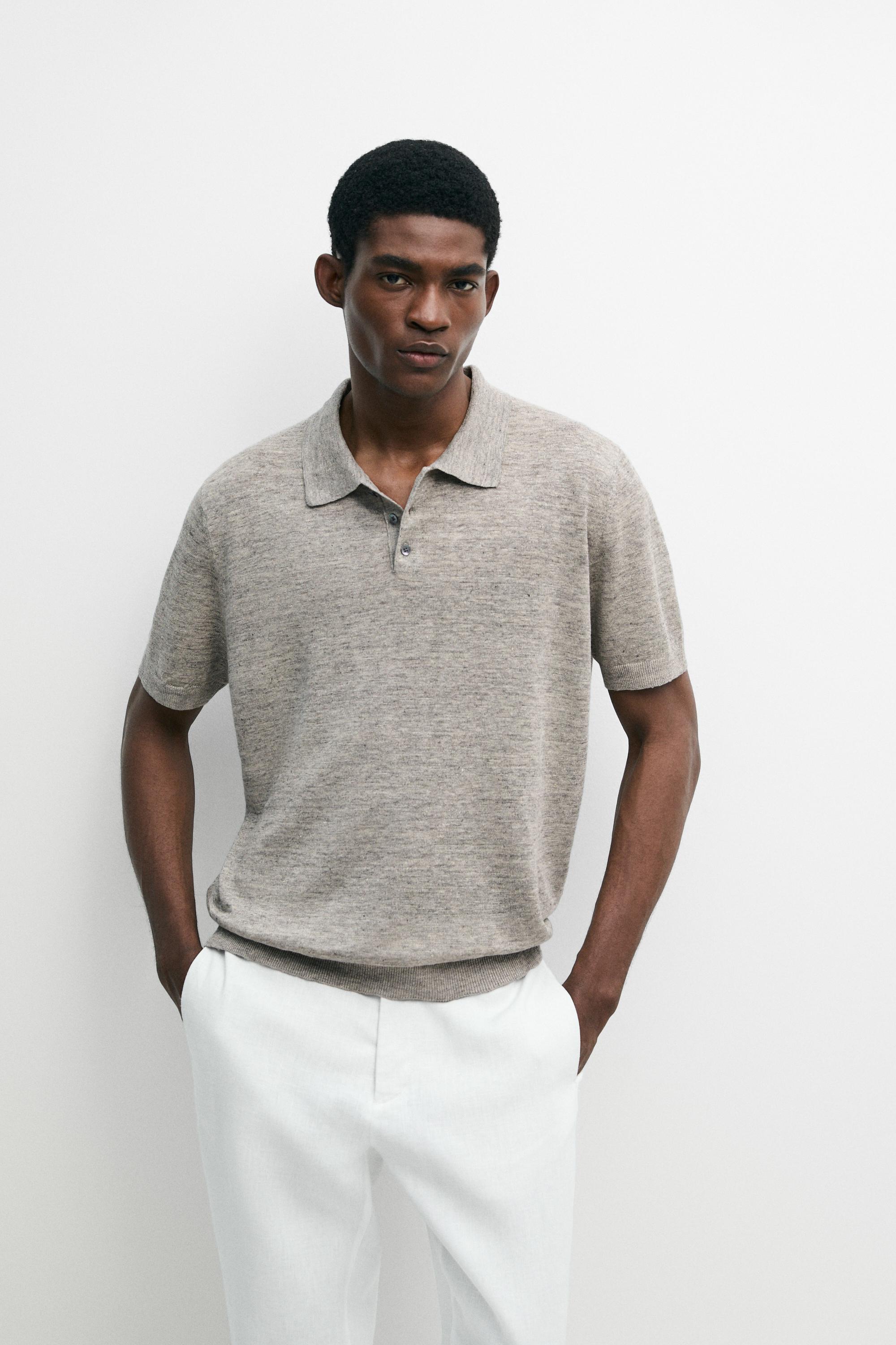 100% linen melange polo shirt — GREY MARL