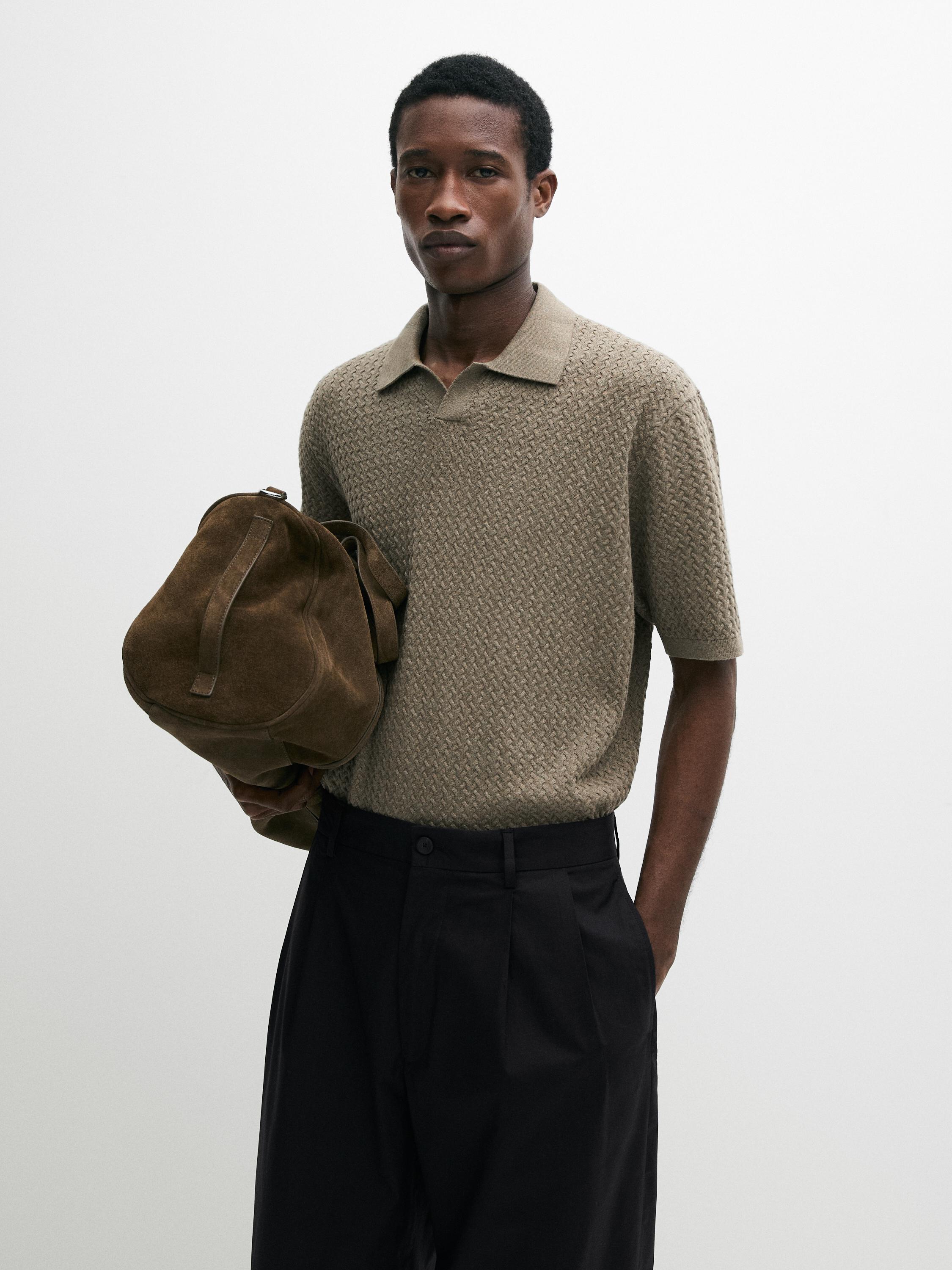 Cable-knit V-neck polo shirt
