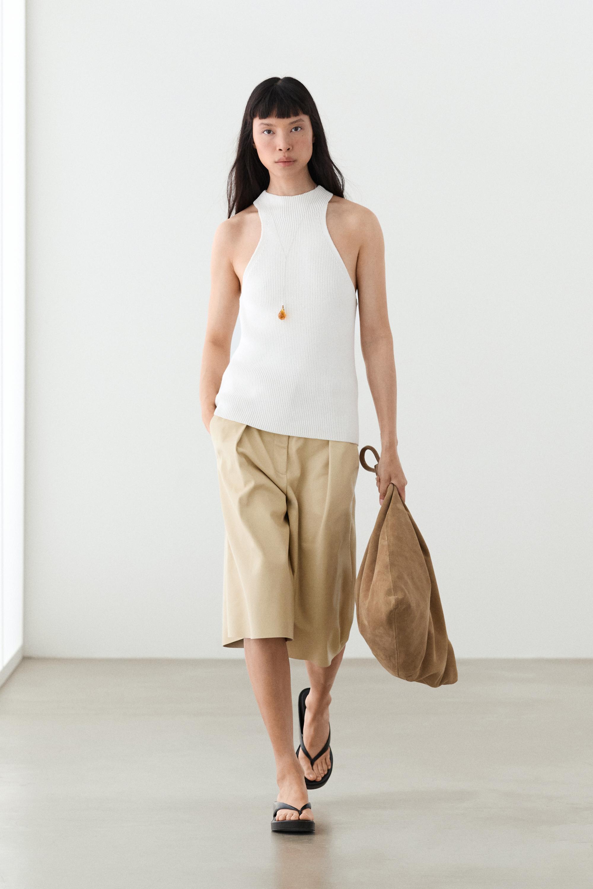 Cotton blend halter top with ribbed detail — WHITE