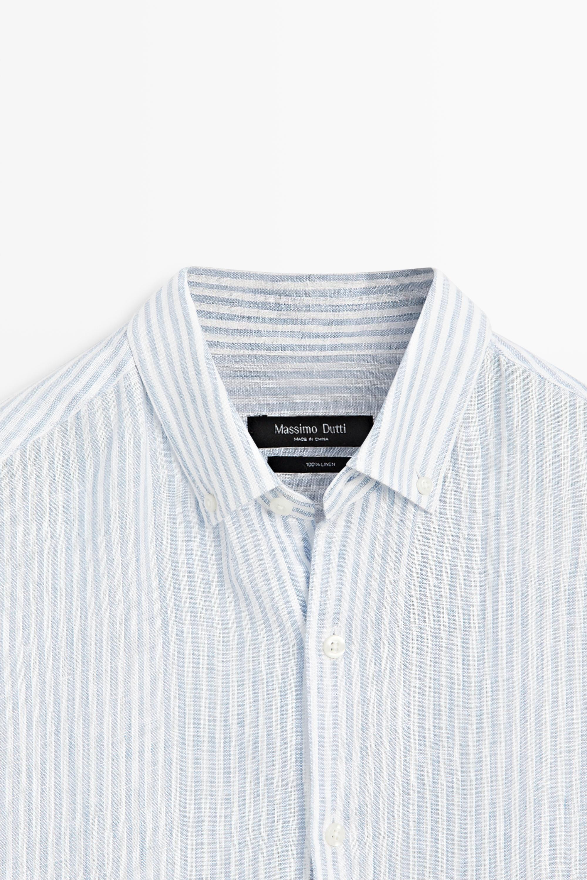 100% linen regular fit striped shirt — Sky blue