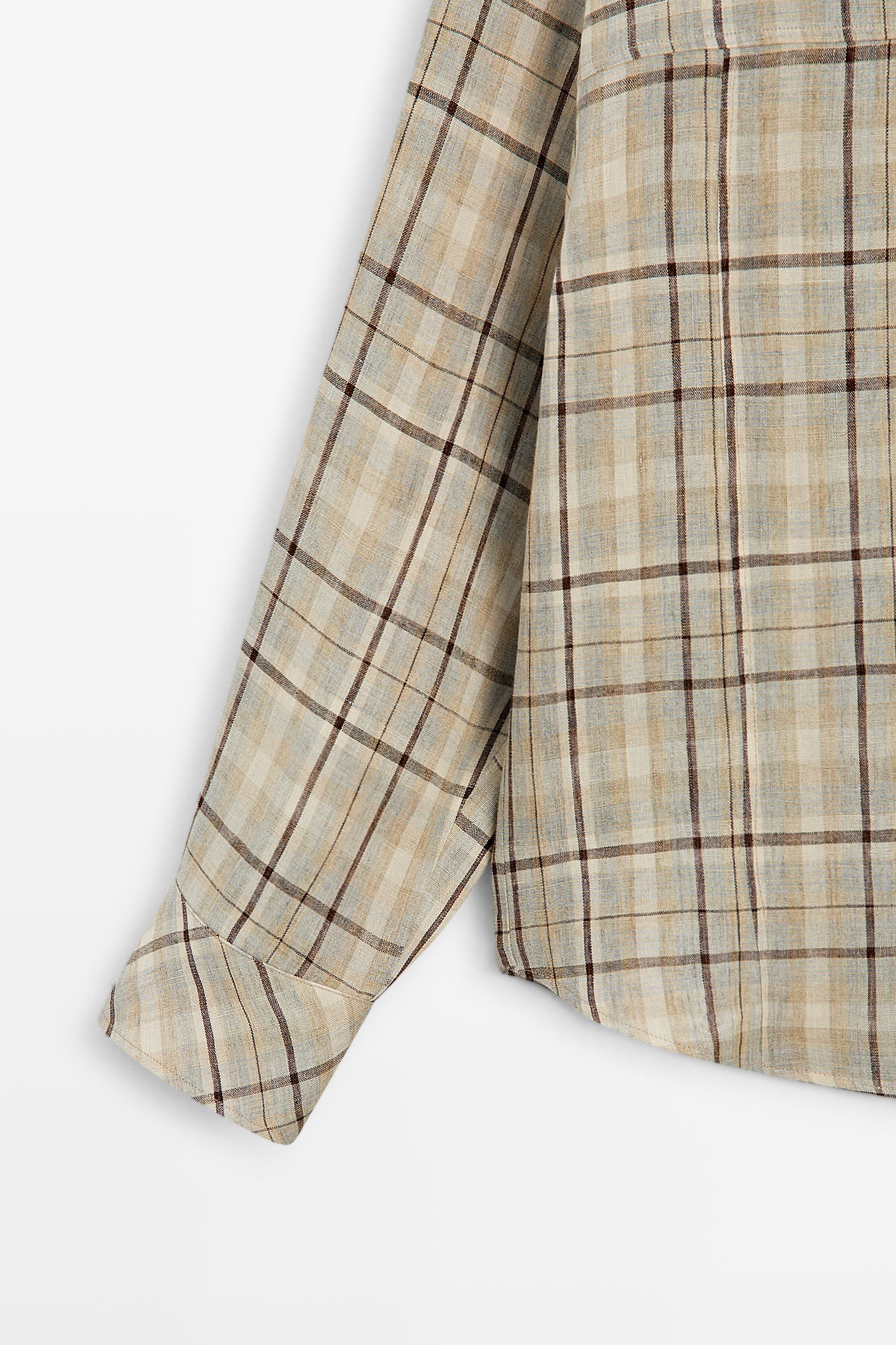 100% linen check snap button shirt — Light blue