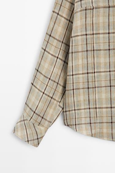 100% linen check snap button shirt — Light blue 7