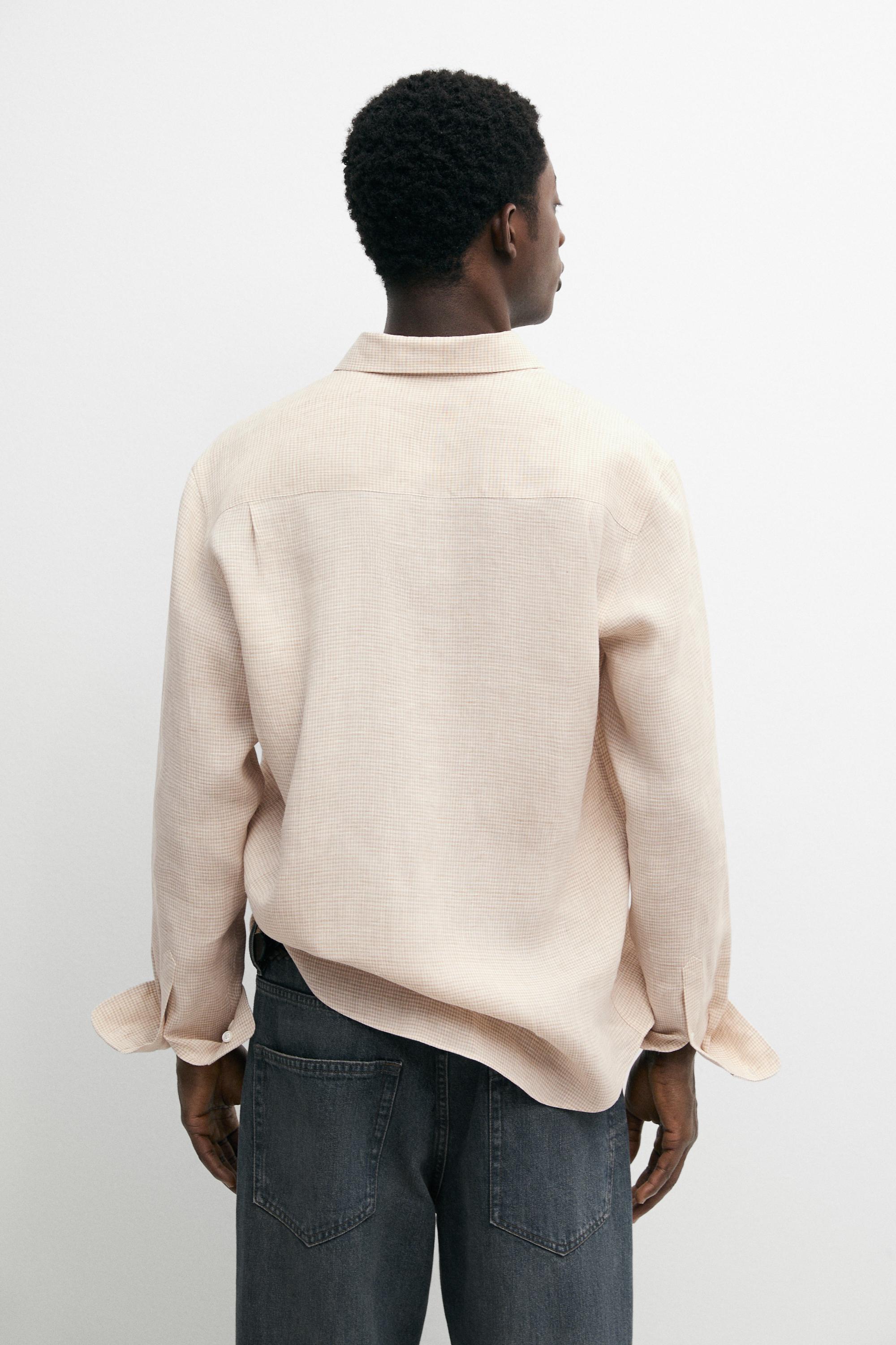 100% linen regular fit micro check shirt — CREAM