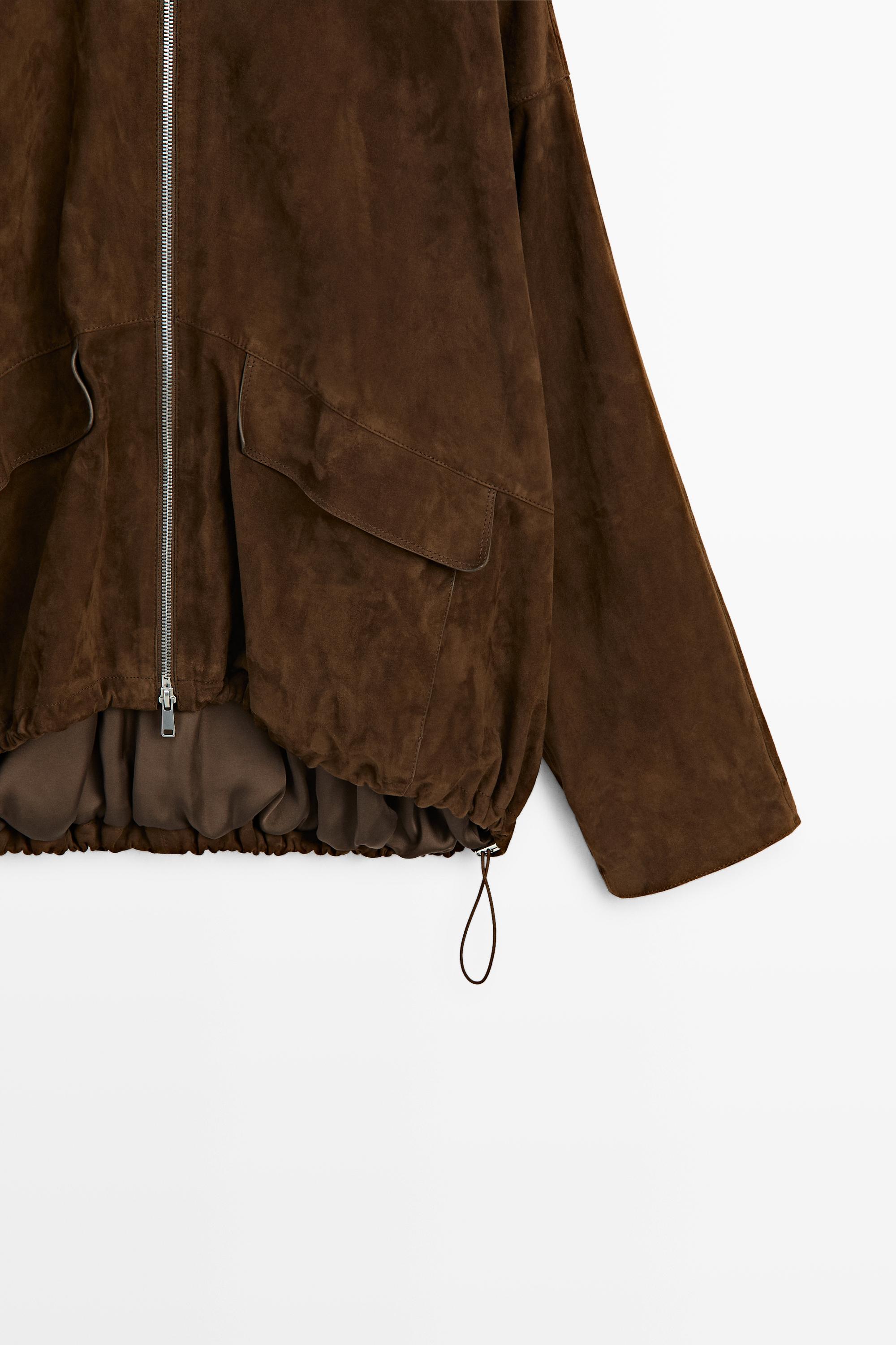 Oversize suede leather bomber jacket — BROWN