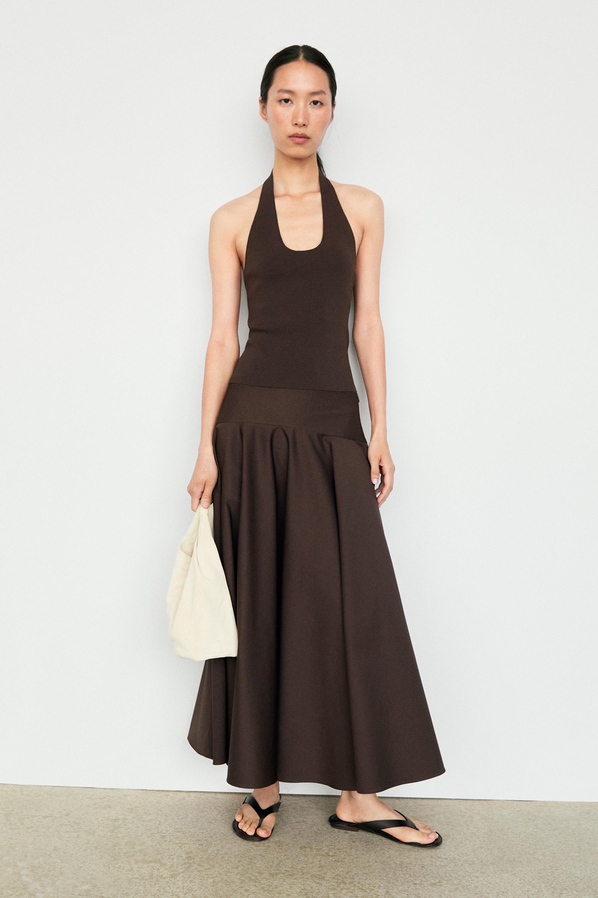 Flounce midi skirt with yoke detail — BROWN