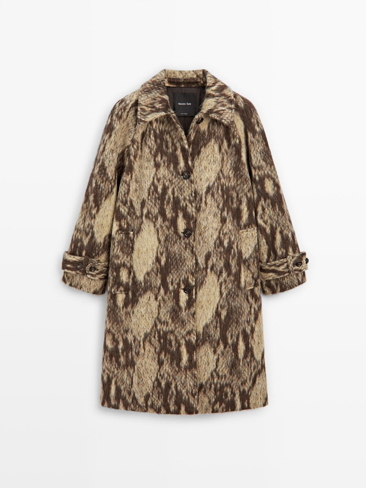 Massimo Dutti - Dame - Lang Frakke I Uldblanding Med Slangeskindsprint - Gul - S