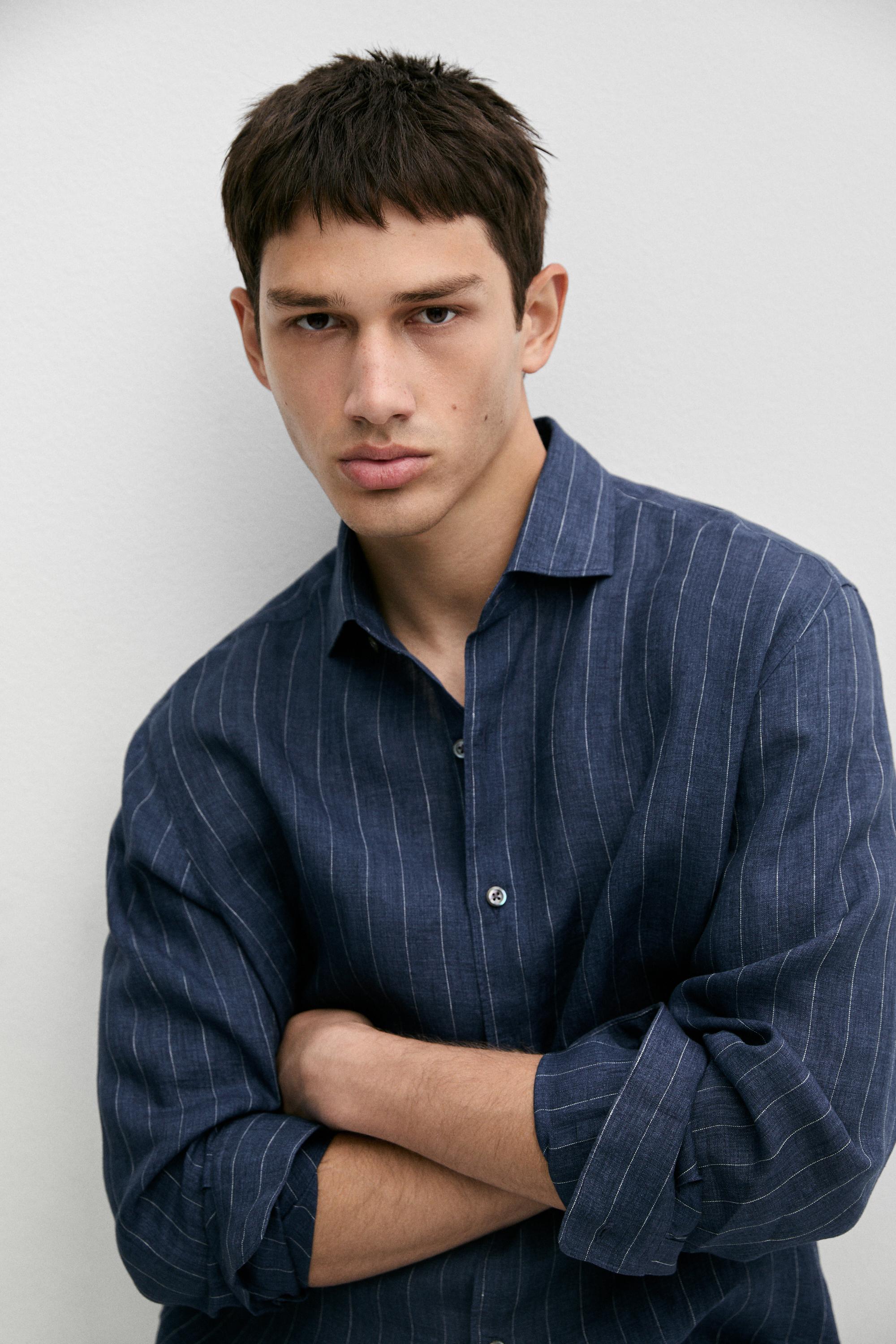 Regular fit striped delave 100% linen shirt — NAVY BLUE