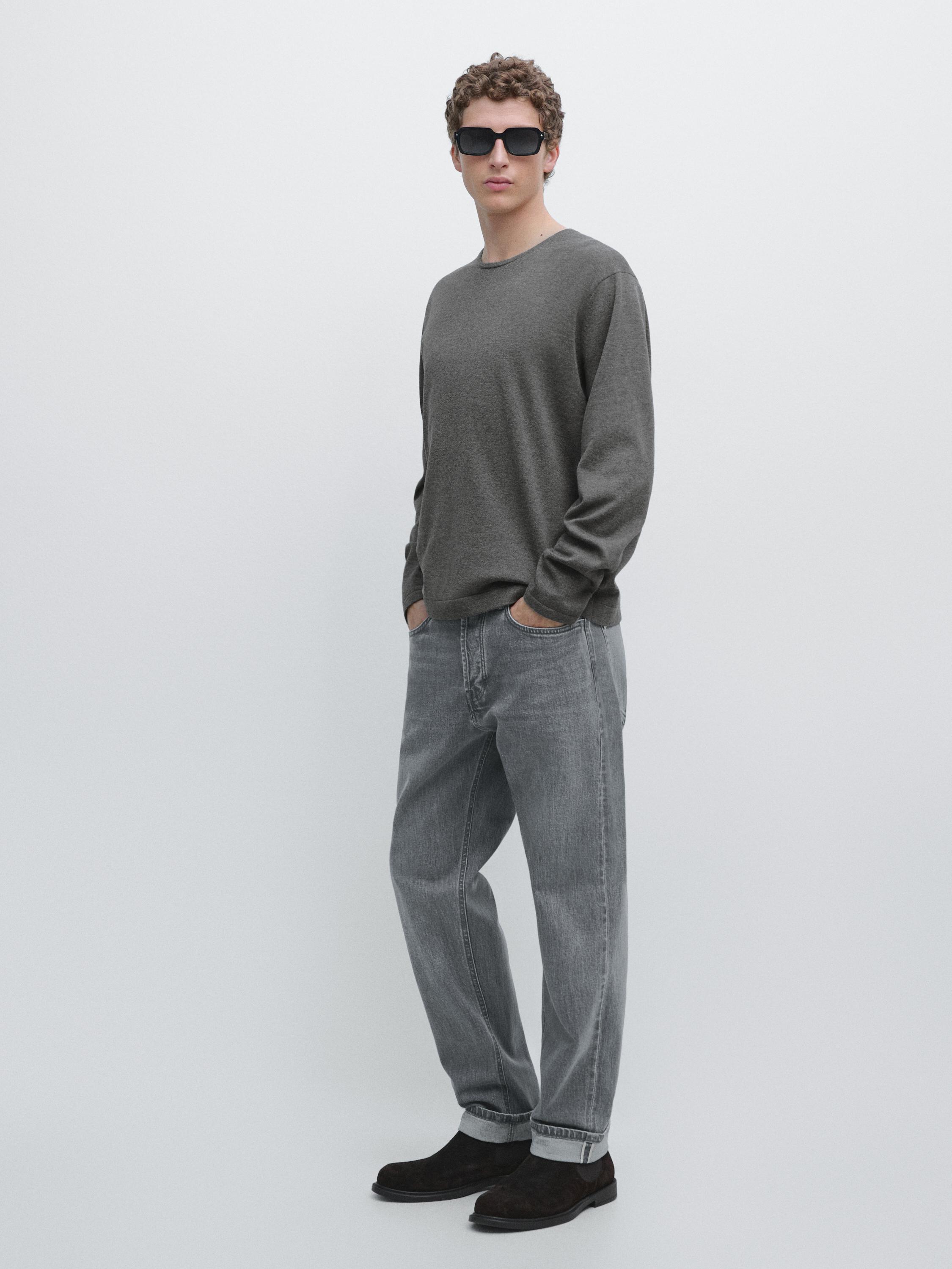 Knit 100% cotton crew neck sweater — MEDIUM GREY