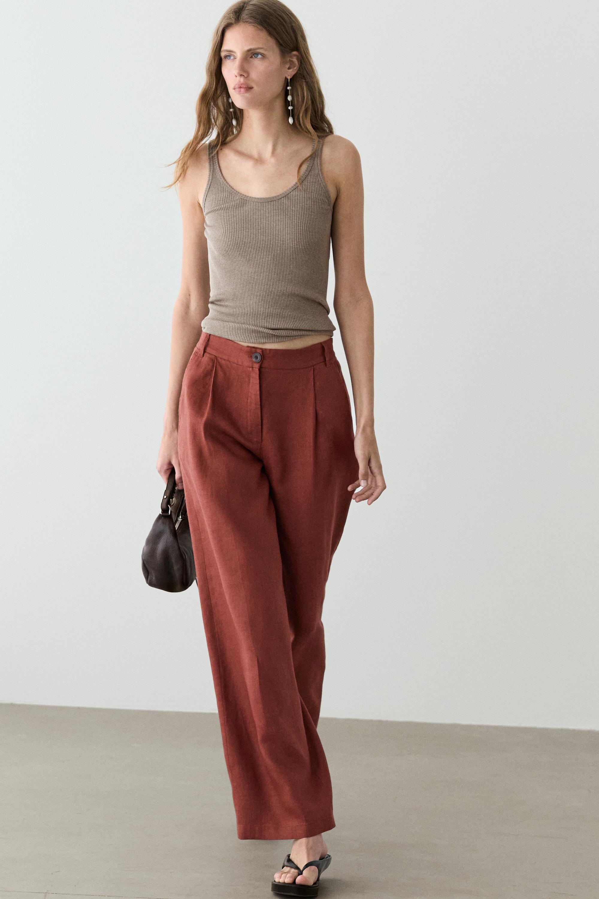 100% linen wide-leg elasticated trousers — Orange