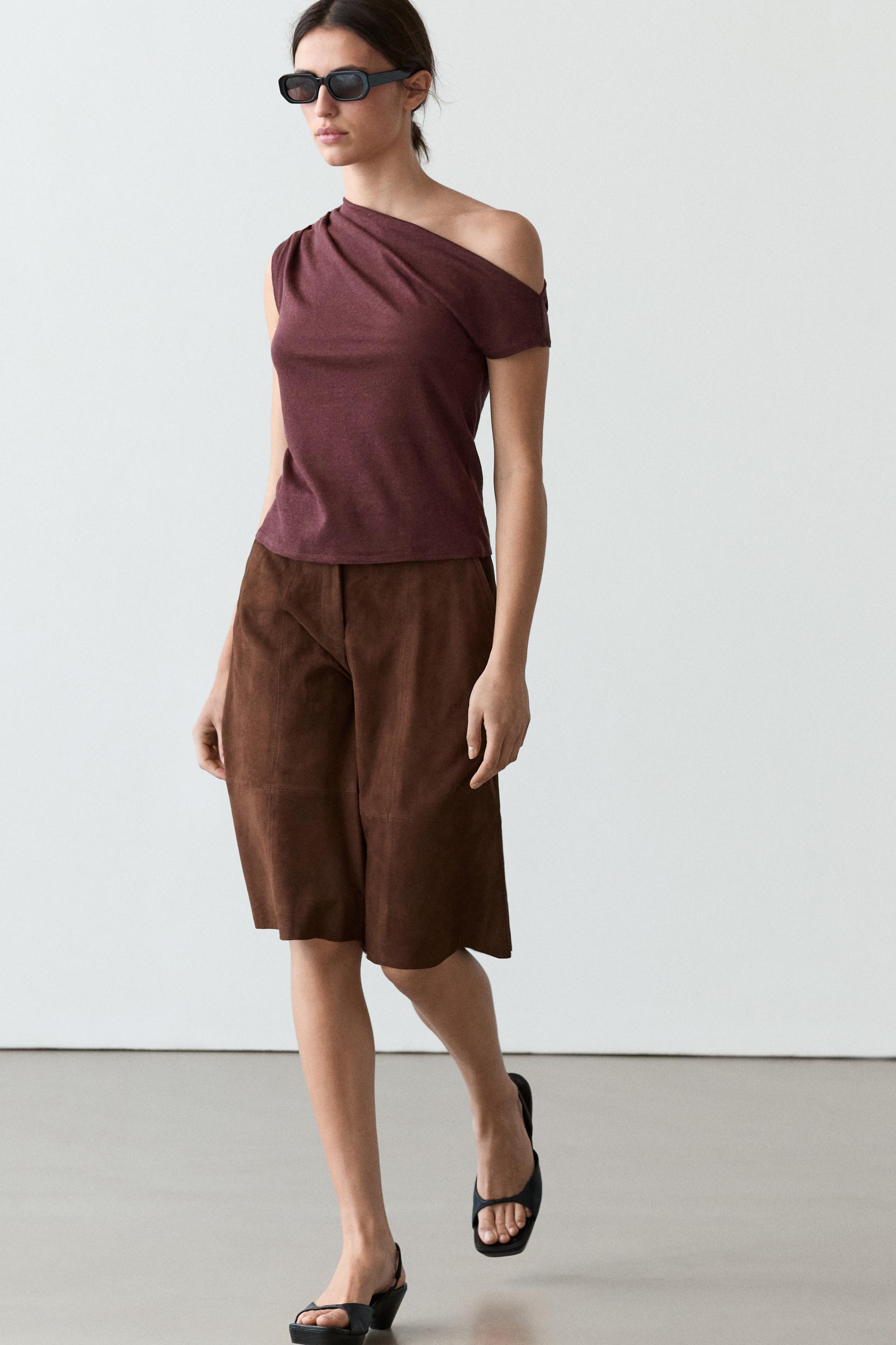 Asymmetric linen blend top with draped detail — BURGUNDY