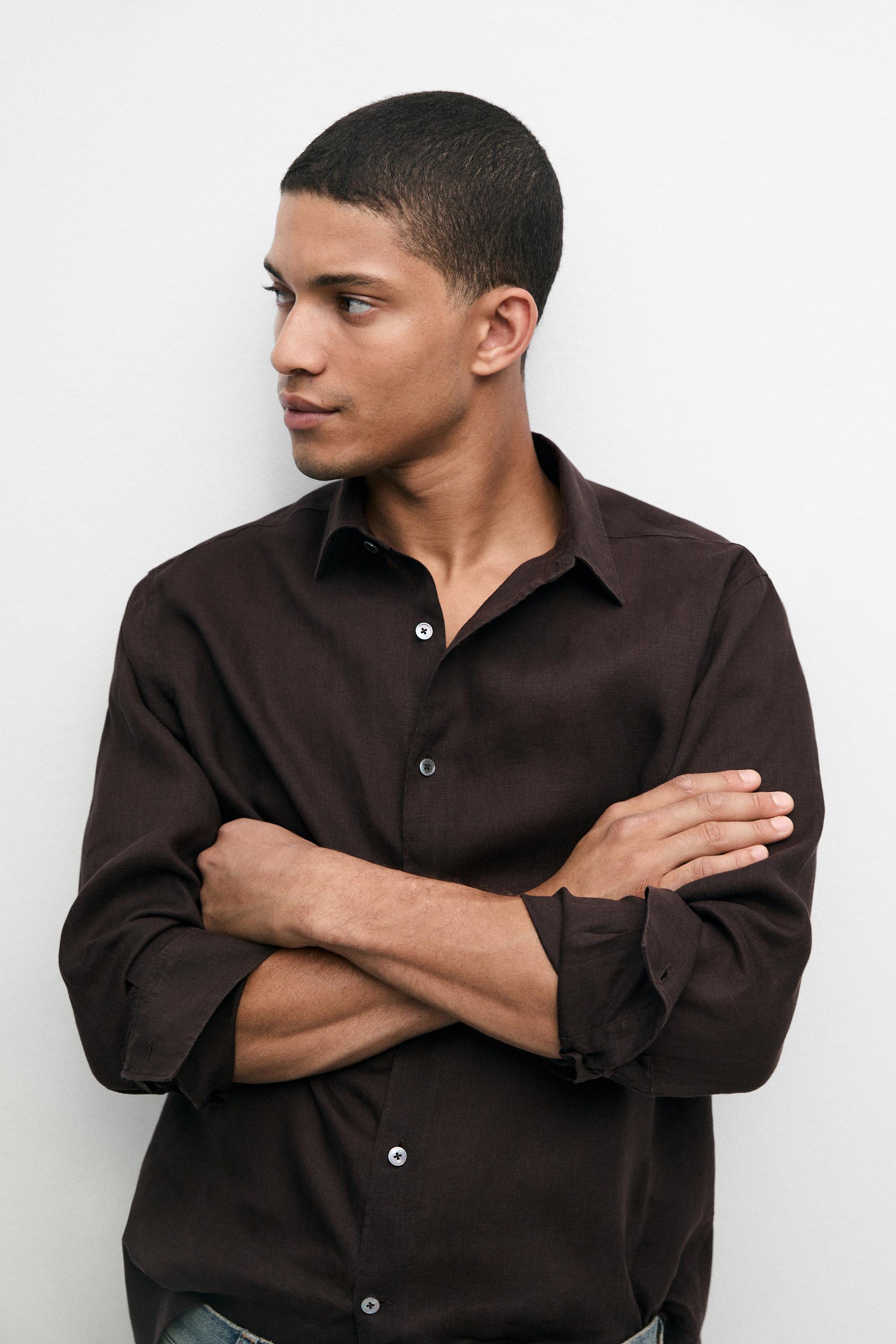 100% linen regular fit shirt — Chocolate