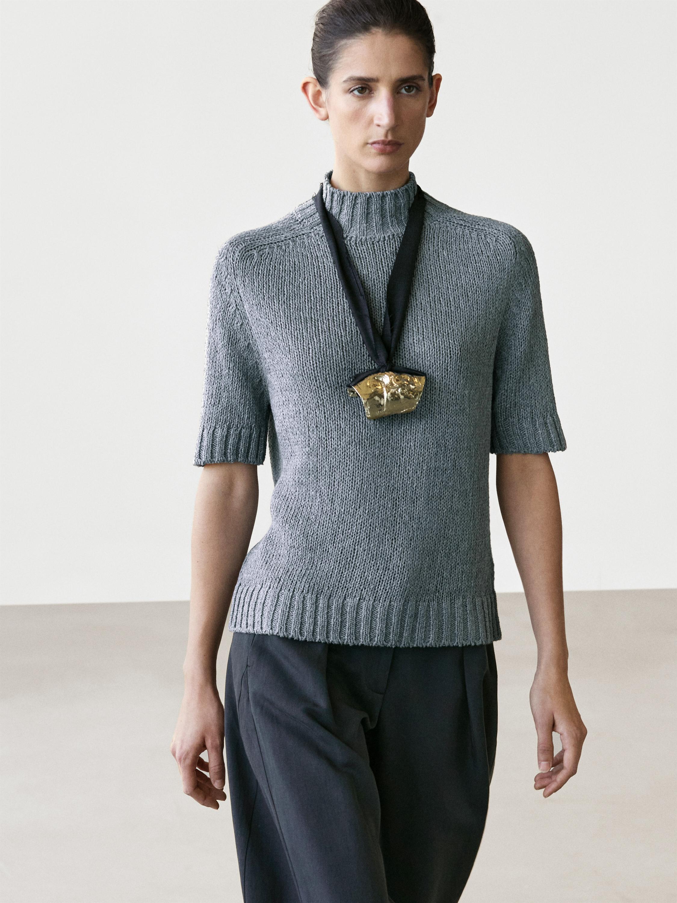 Cotton blend mock neck knit sweater