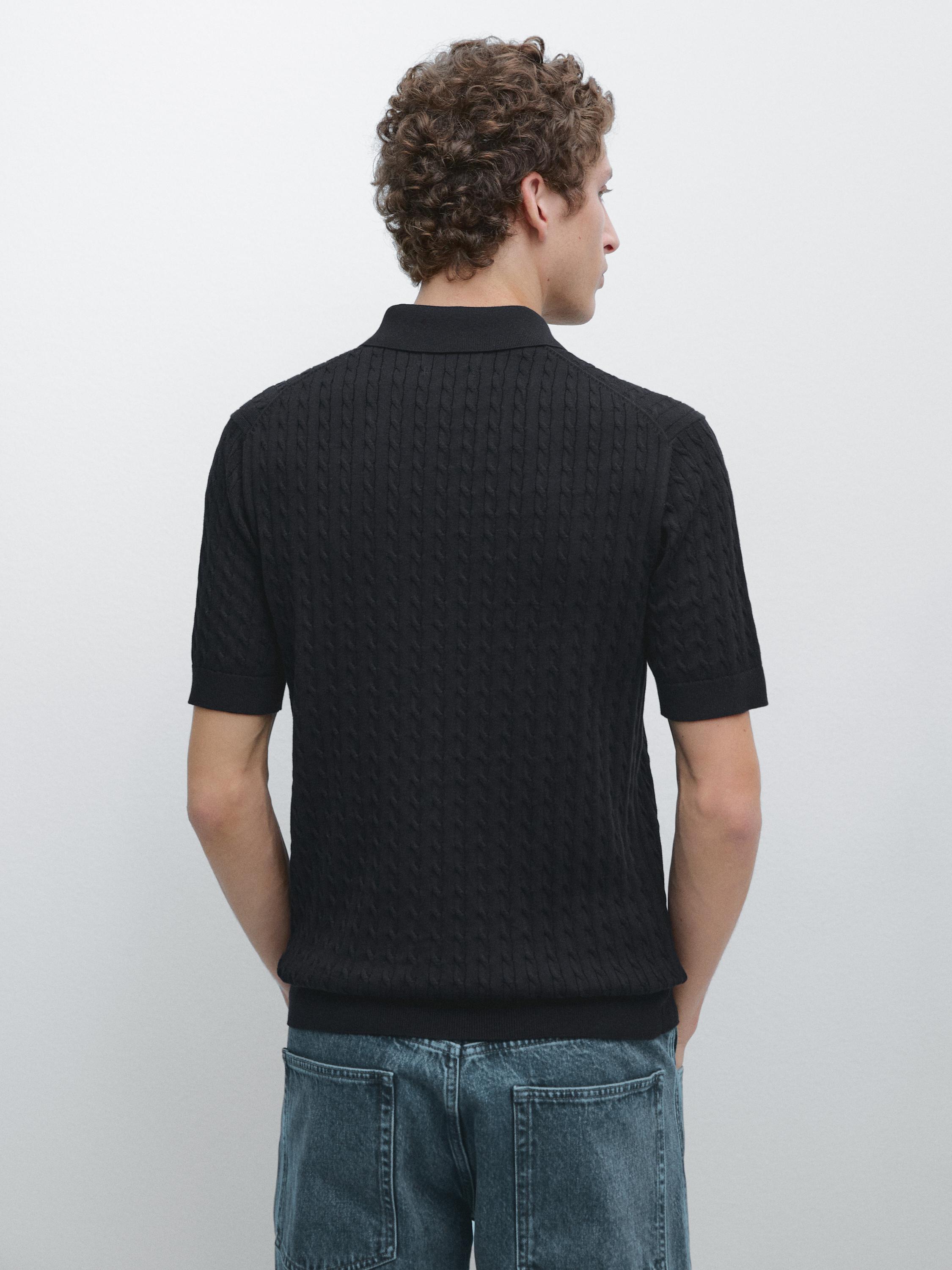 100% cotton cable-knit polo shirt — NAVY BLUE