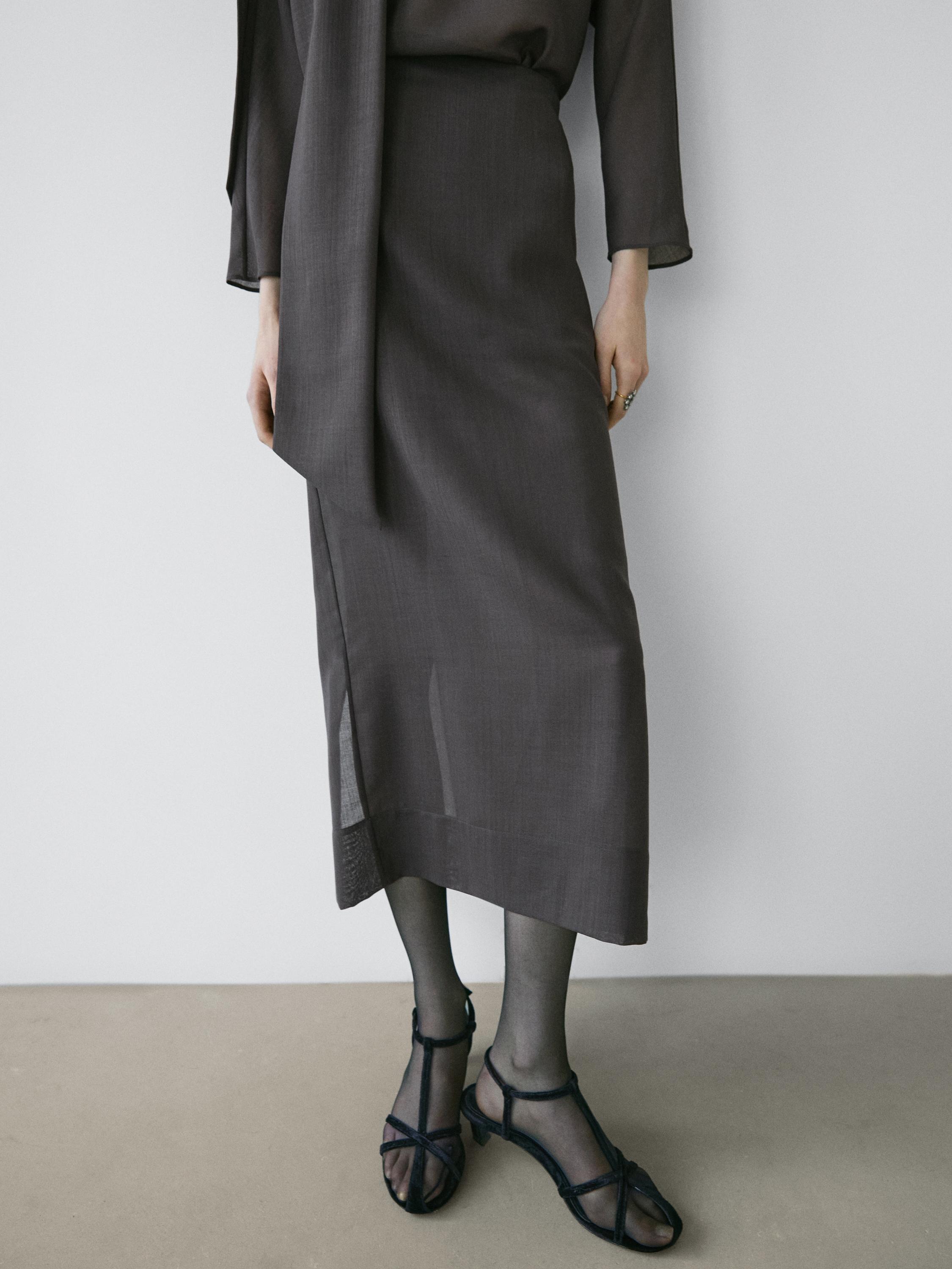 Straight Midi Skirt With Sheer Detail - Studio - Grey - S - Massimo Dutti - Women Straight Midi Skirt With Sheer Detail - Studio - Grey - S - Massimo Dutti - Women