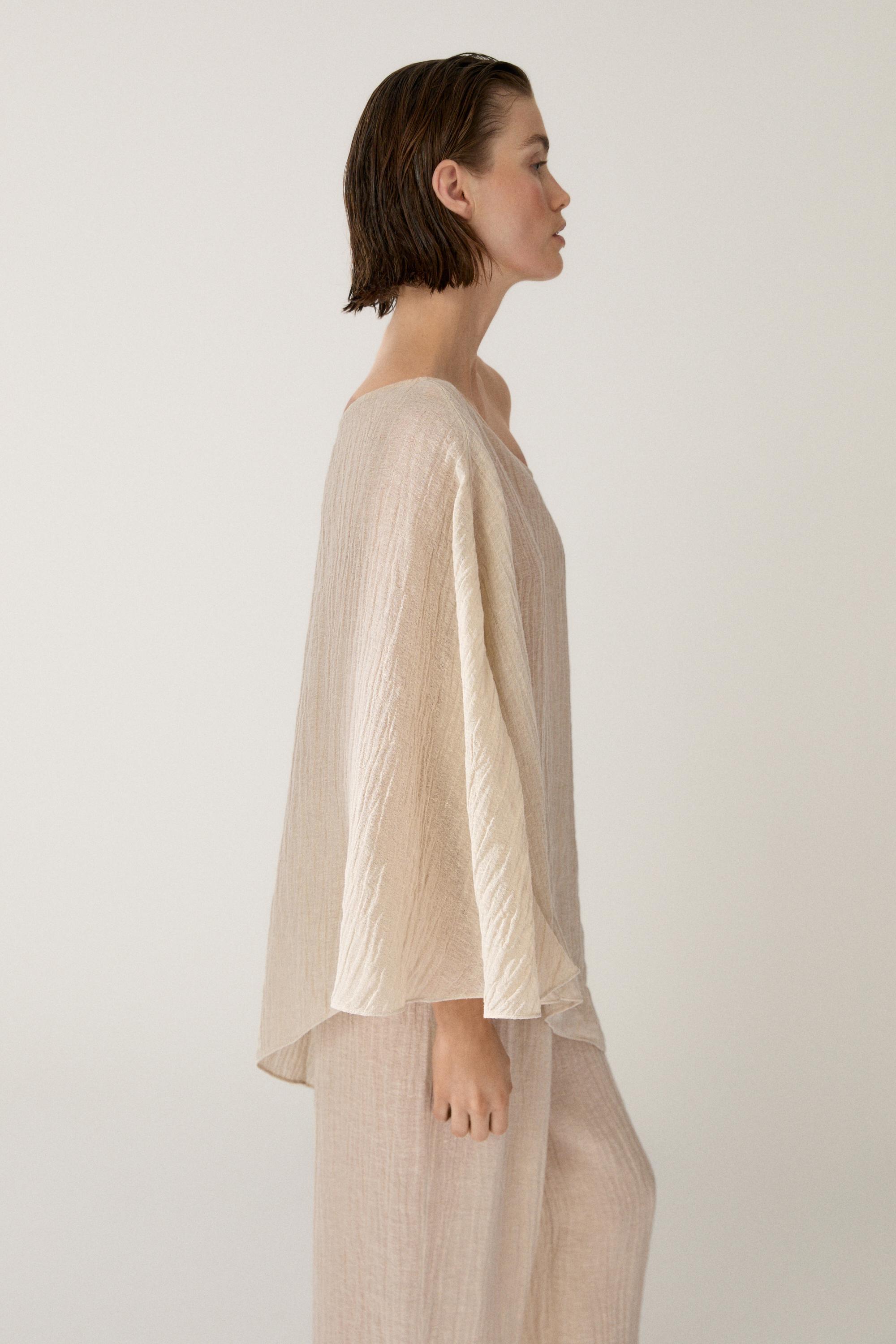 Total look asymmetric linen blend cape top — BEIGE MARL